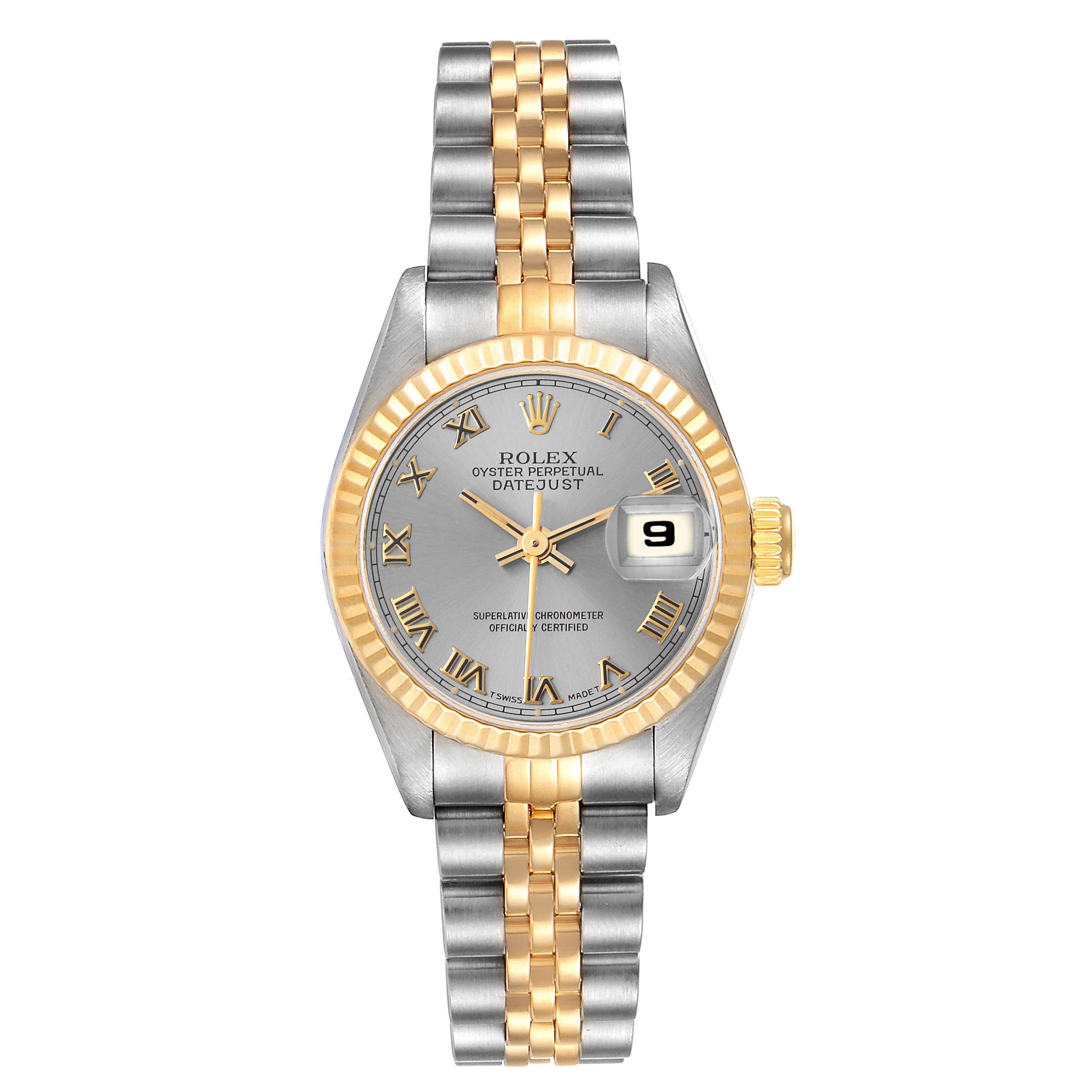 The image shows a front view of a Rolex Datejust 69173 Women's Steel and Gold (two tone) Grey Dial 69173 Women's Steel and Gold (two tone) Grey Dial watch, highlighting its two-tone bracelet, date feature, and gold fluted bezel.