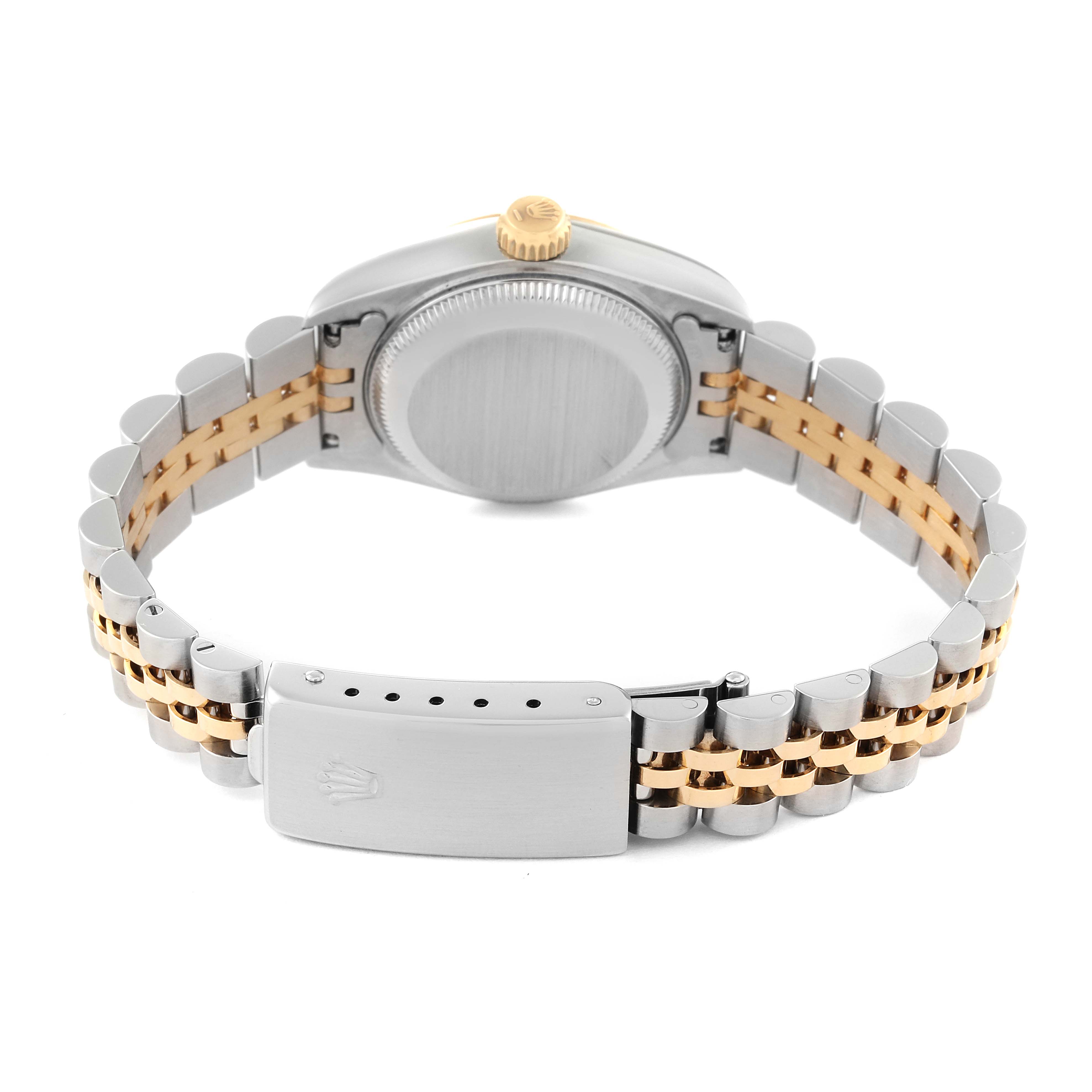 This image shows the back of a Rolex Datejust 69173 Women's Steel and Gold (two tone) Grey Dial 69173 Women's Steel and Gold (two tone) Grey Dial watch, highlighting its case back and bi-metal jubilee bracelet with clasp.