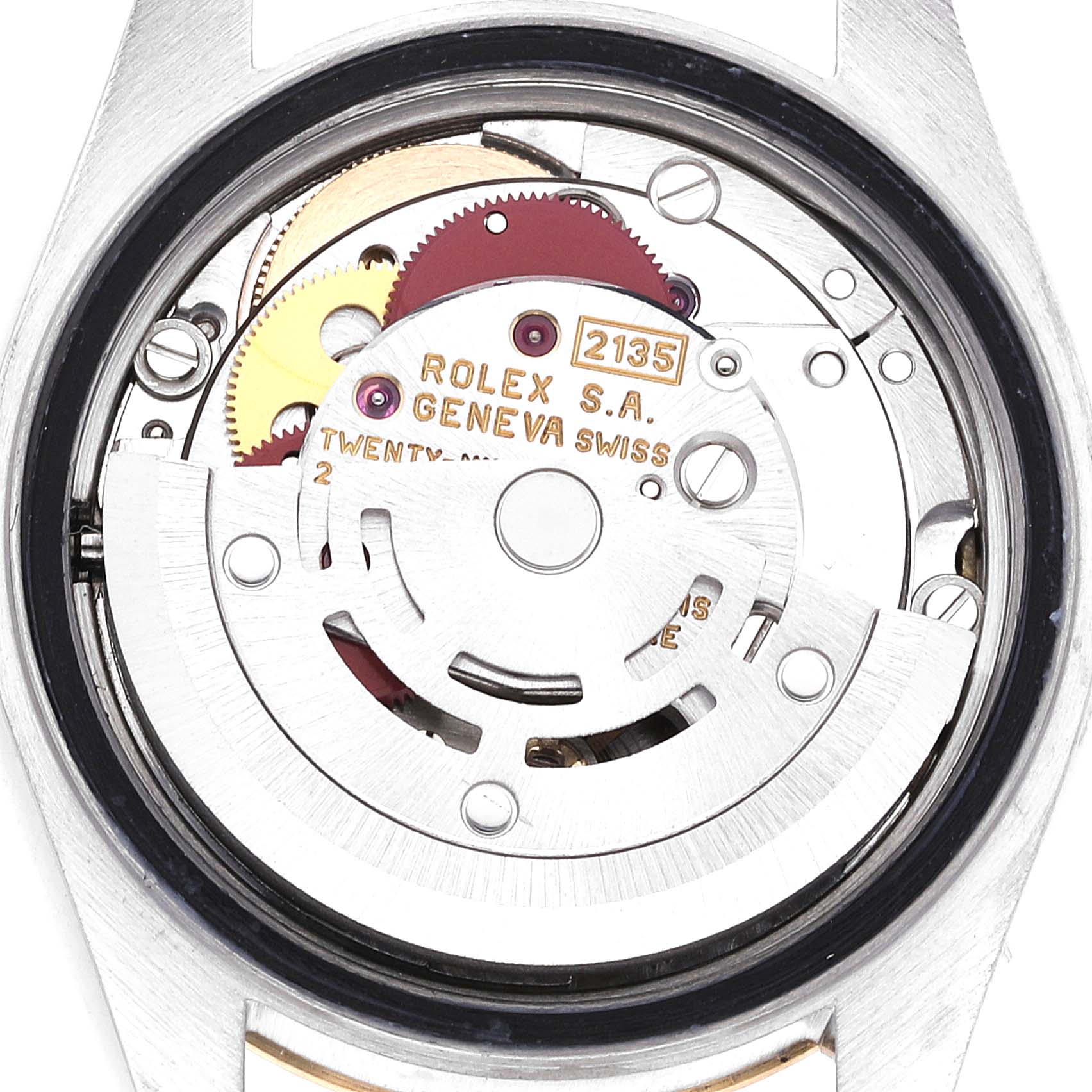 The image shows the back view of the Rolex Datejust 69173 Women's Steel and Gold (two tone) Grey Dial 69173 Women's Steel and Gold (two tone) Grey Dial watch, specifically highlighting its inner mechanism and movement components.