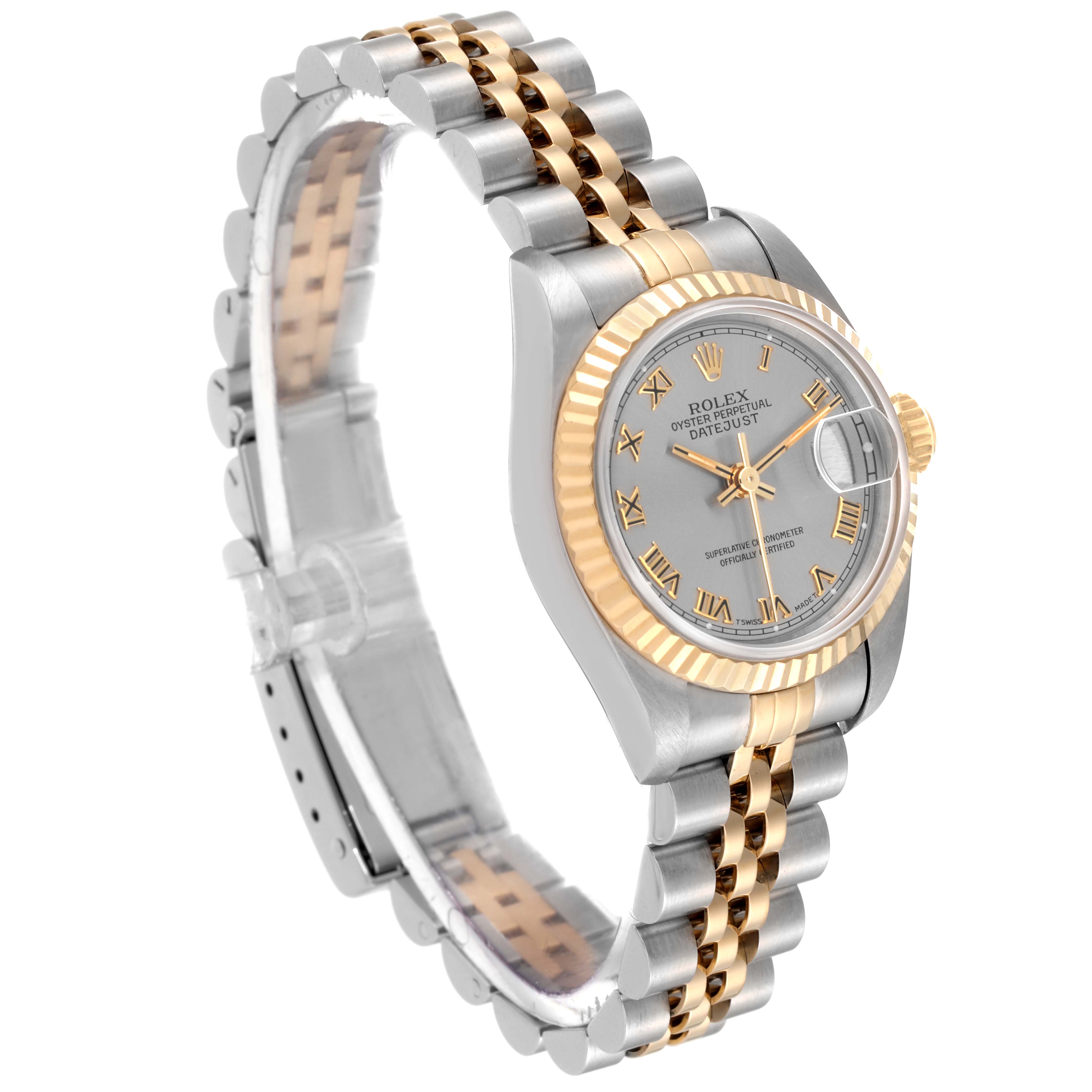 The image shows a side angle of the Rolex Datejust 69173 Women's Steel and Gold (two tone) Grey Dial 69173 Women's Steel and Gold (two tone) Grey Dial watch, highlighting its mixed metal Jubilee bracelet, fluted bezel, and silver dial.