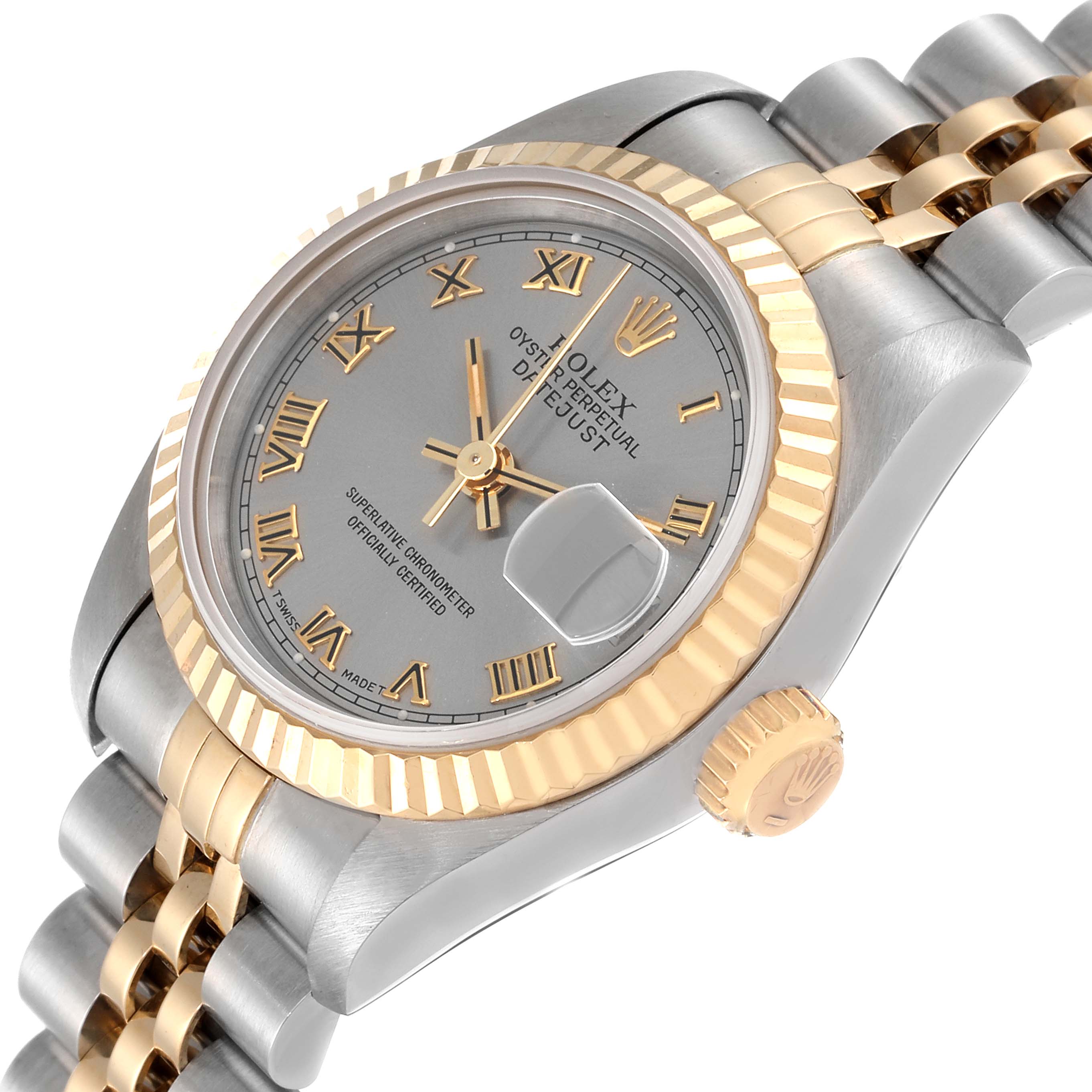The Rolex Datejust 69173 Women's Steel and Gold (two tone) Grey Dial 69173 Women's Steel and Gold (two tone) Grey Dial watch is shown at an angled top view, highlighting the face, bezel, crown, and a portion of the bracelet.
