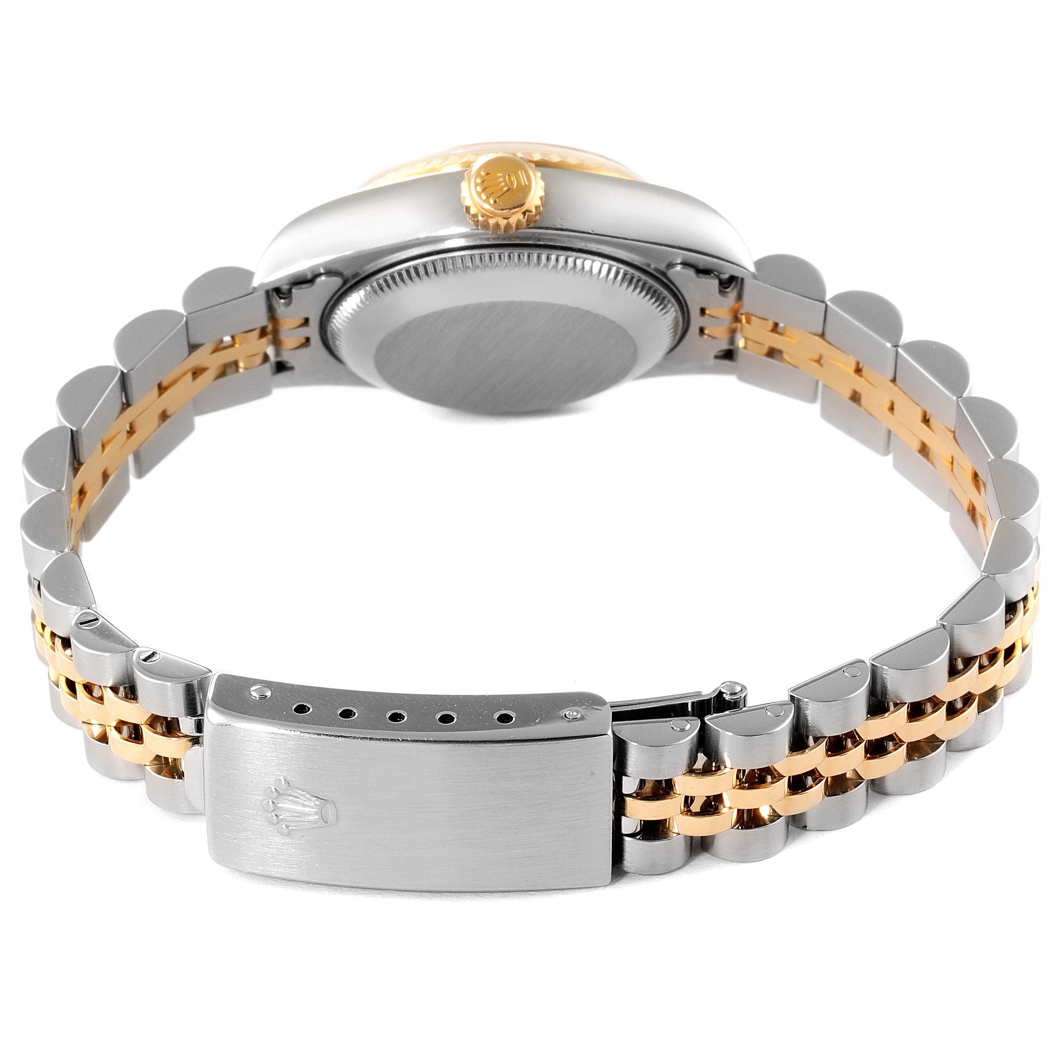 This image shows the back and clasp of a Rolex Datejust 79173 Women's Steel and Gold (two tone) White Dial 79173 Women's Steel and Gold (two tone) White Dial watch, highlighting its two-tone bracelet and case back.