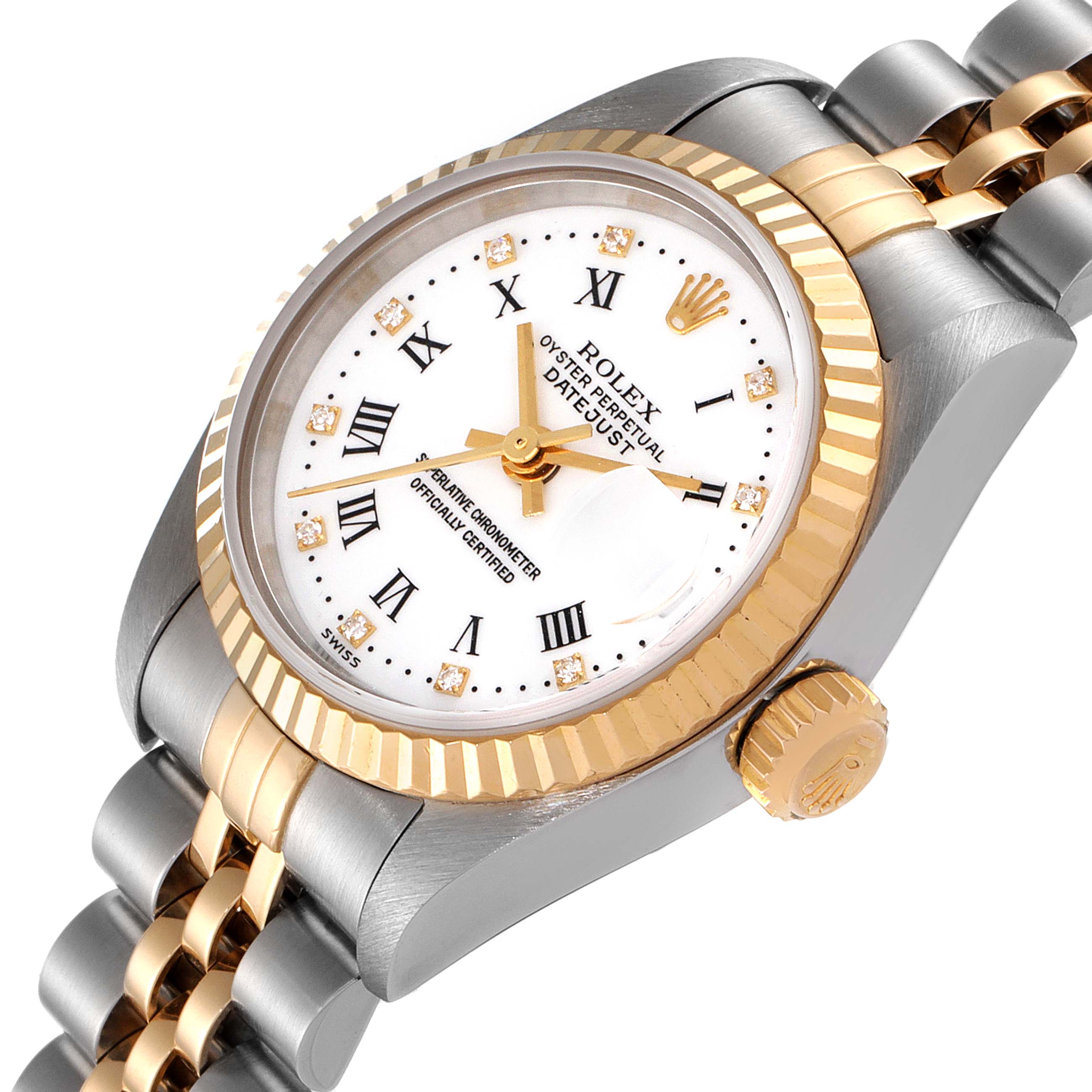 This image shows a close-up angle of the Rolex Datejust 79173 Women's Steel and Gold (two tone) White Dial 79173 Women's Steel and Gold (two tone) White Dial watch, highlighting the face, bezel, crown, and part of the bracelet.