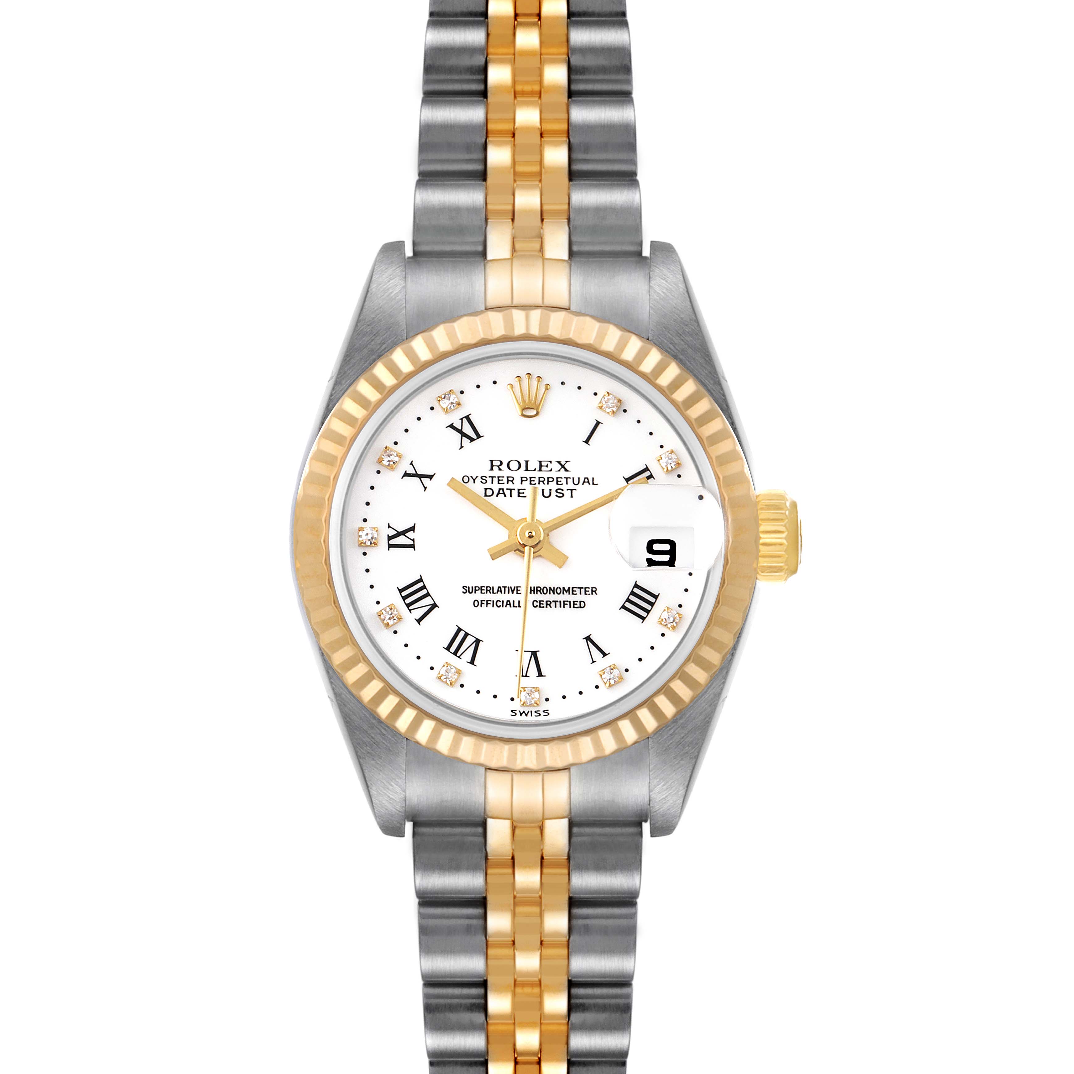 This is a front view of a Rolex Datejust 79173 Women's Steel and Gold (two tone) White Dial 79173 Women's Steel and Gold (two tone) White Dial watch, showcasing the face, bezel, and part of the bracelet.