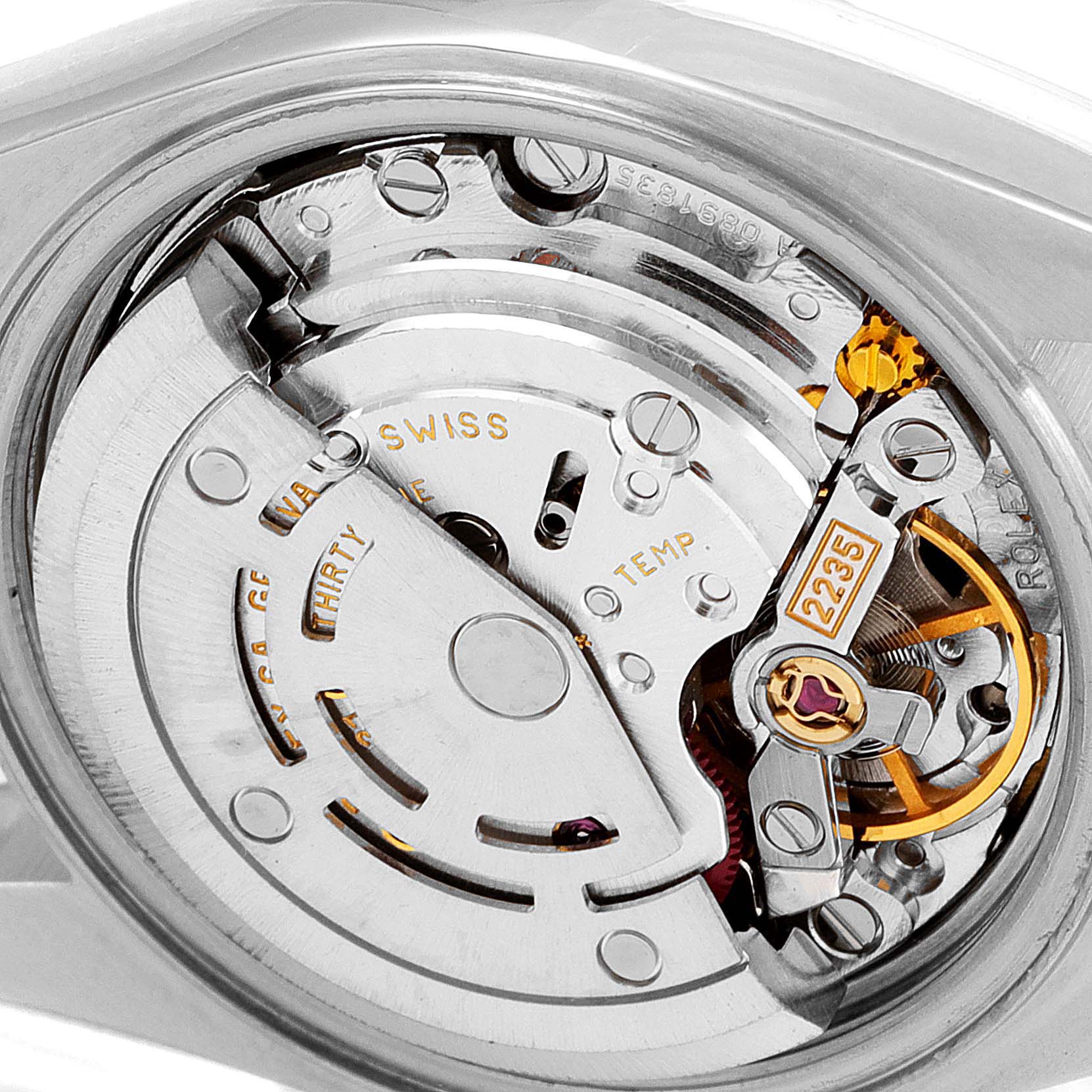 The image shows the internal movement mechanism of a Rolex Datejust 79173 Women's Steel and Gold (two tone) White Dial 79173 Women's Steel and Gold (two tone) White Dial watch from a close-up angle.