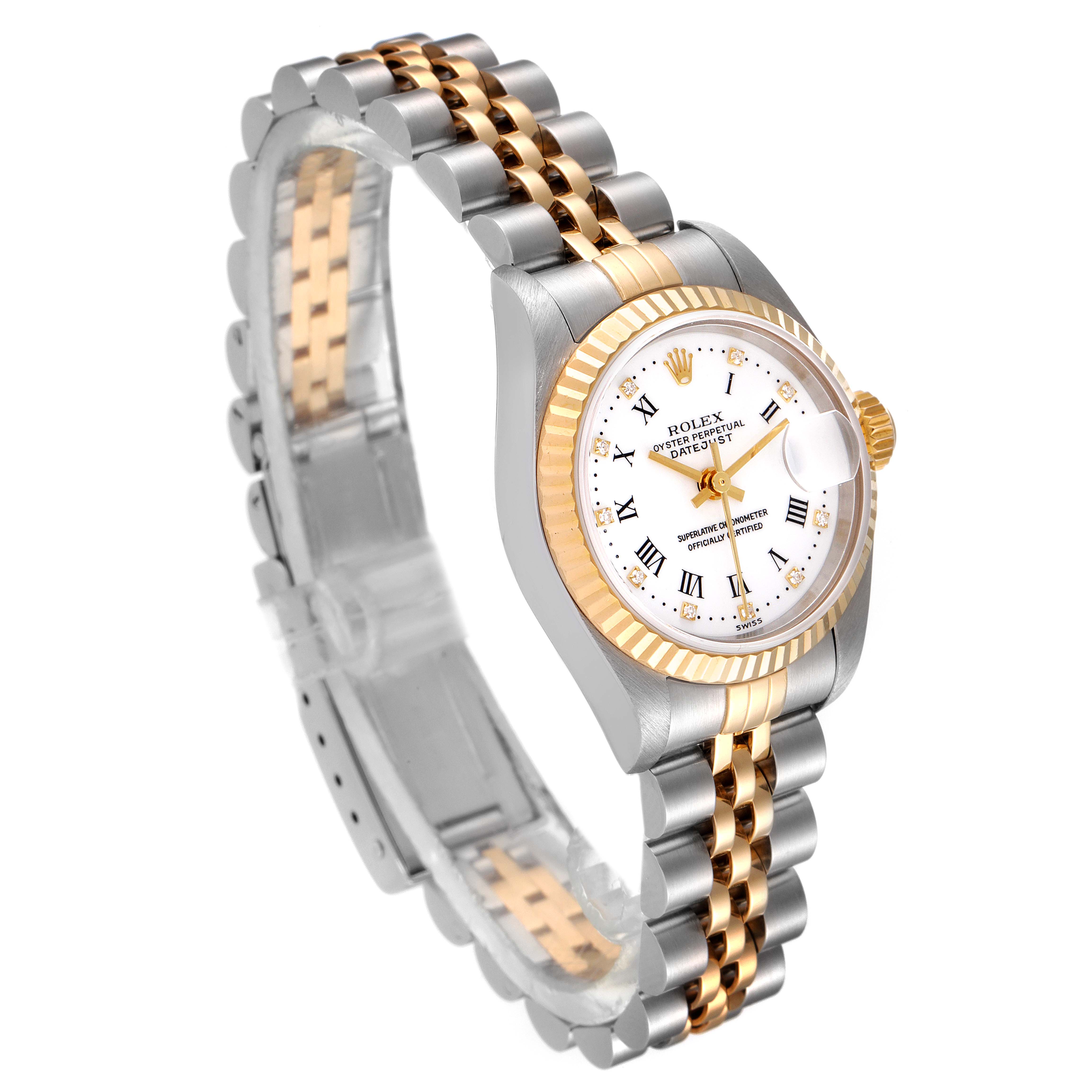 This image shows a Rolex Datejust 79173 Women's Steel and Gold (two tone) White Dial 79173 Women's Steel and Gold (two tone) White Dial watch at a slight angle, highlighting the dial, bezel, and two-tone bracelet.