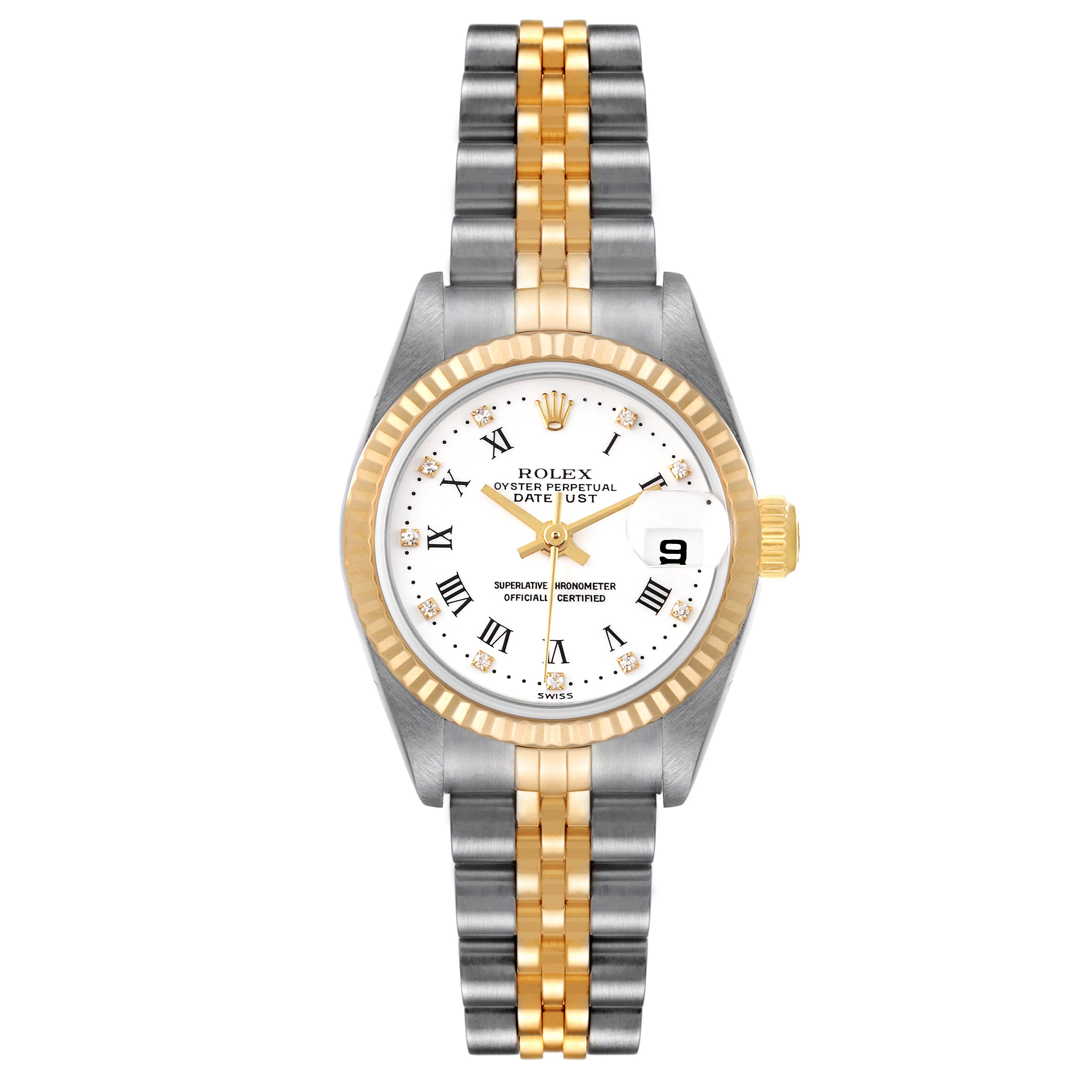The Rolex Datejust 79173 Women's Steel and Gold (two tone) White Dial 79173 Women's Steel and Gold (two tone) White Dial is shown from the front, featuring a two-tone bracelet, white dial, and gold fluted bezel with a date window at 3 o'clock.