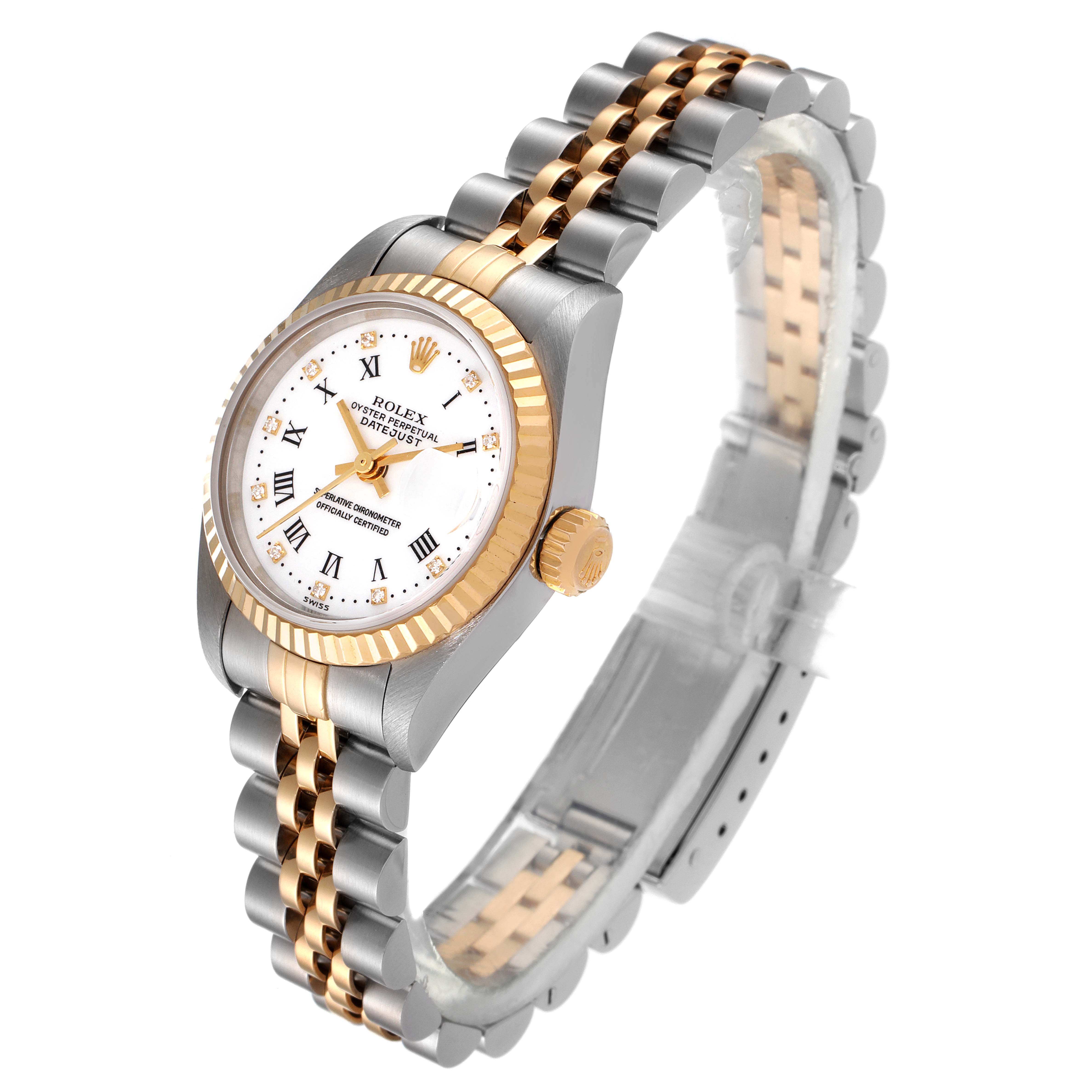 This image shows a Rolex Datejust 79173 Women's Steel and Gold (two tone) White Dial 79173 Women's Steel and Gold (two tone) White Dial watch from a three-quarter angle, highlighting the face, bezel, crown, and two-tone bracelet.