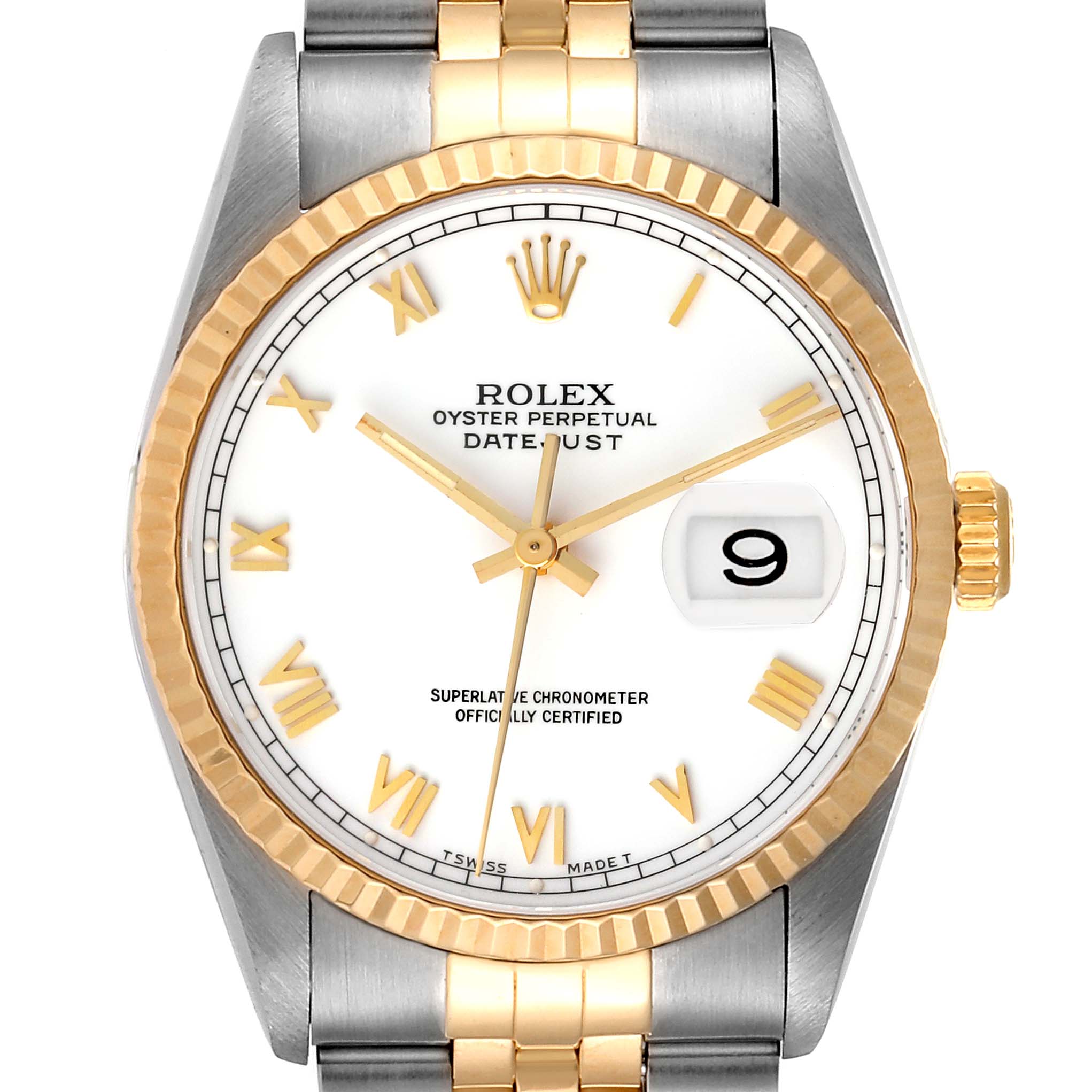 The image shows a front view of a Rolex Datejust 16233 Men's Steel and Gold (two tone) White Dial 16233 Men's Steel and Gold (two tone) White Dial watch, highlighting its dial, bezel, hands, and part of the bracelet.