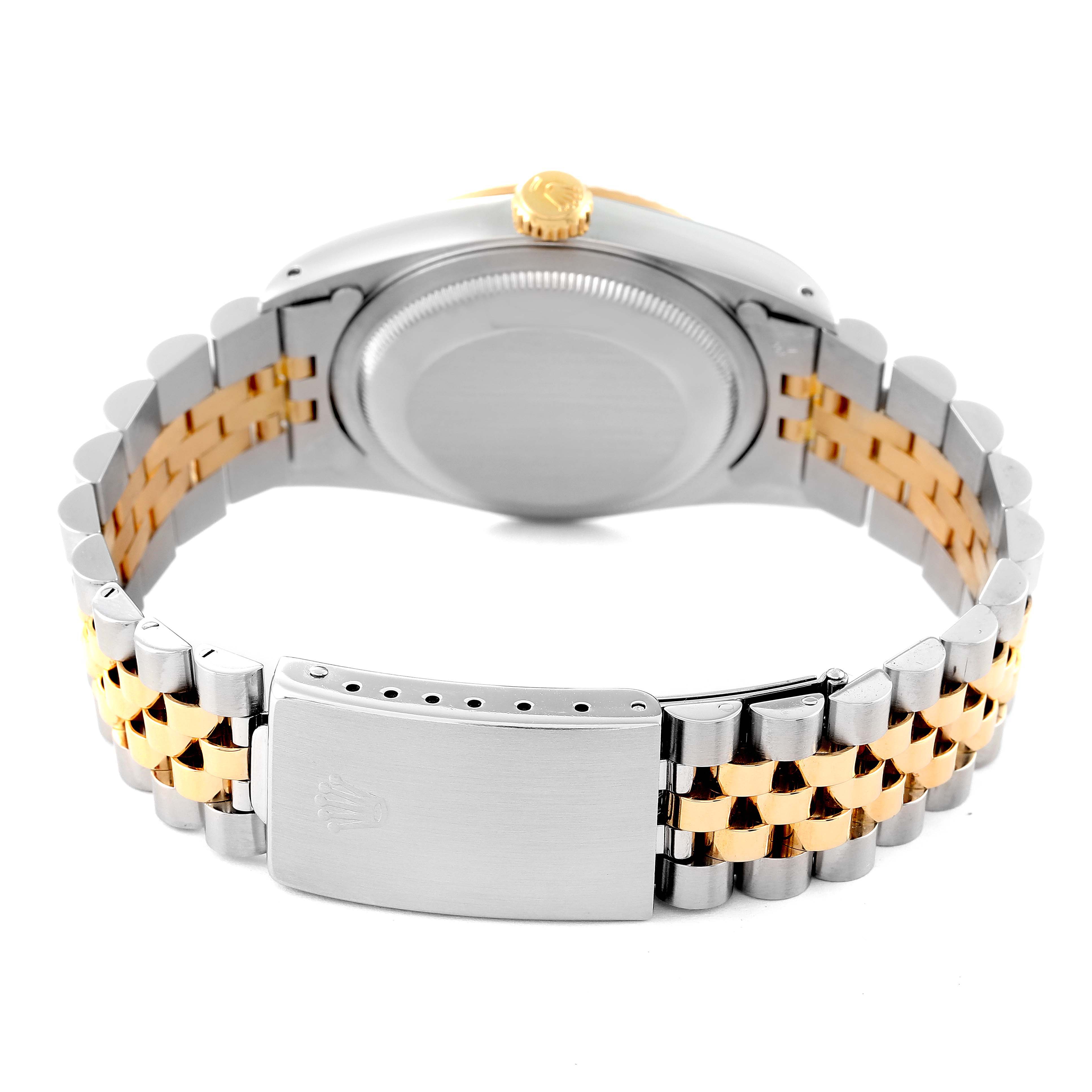 This image shows the back and bracelet of a Rolex Datejust 16233 Men's Steel and Gold (two tone) White Dial 16233 Men's Steel and Gold (two tone) White Dial watch, featuring a two-tone metal design.