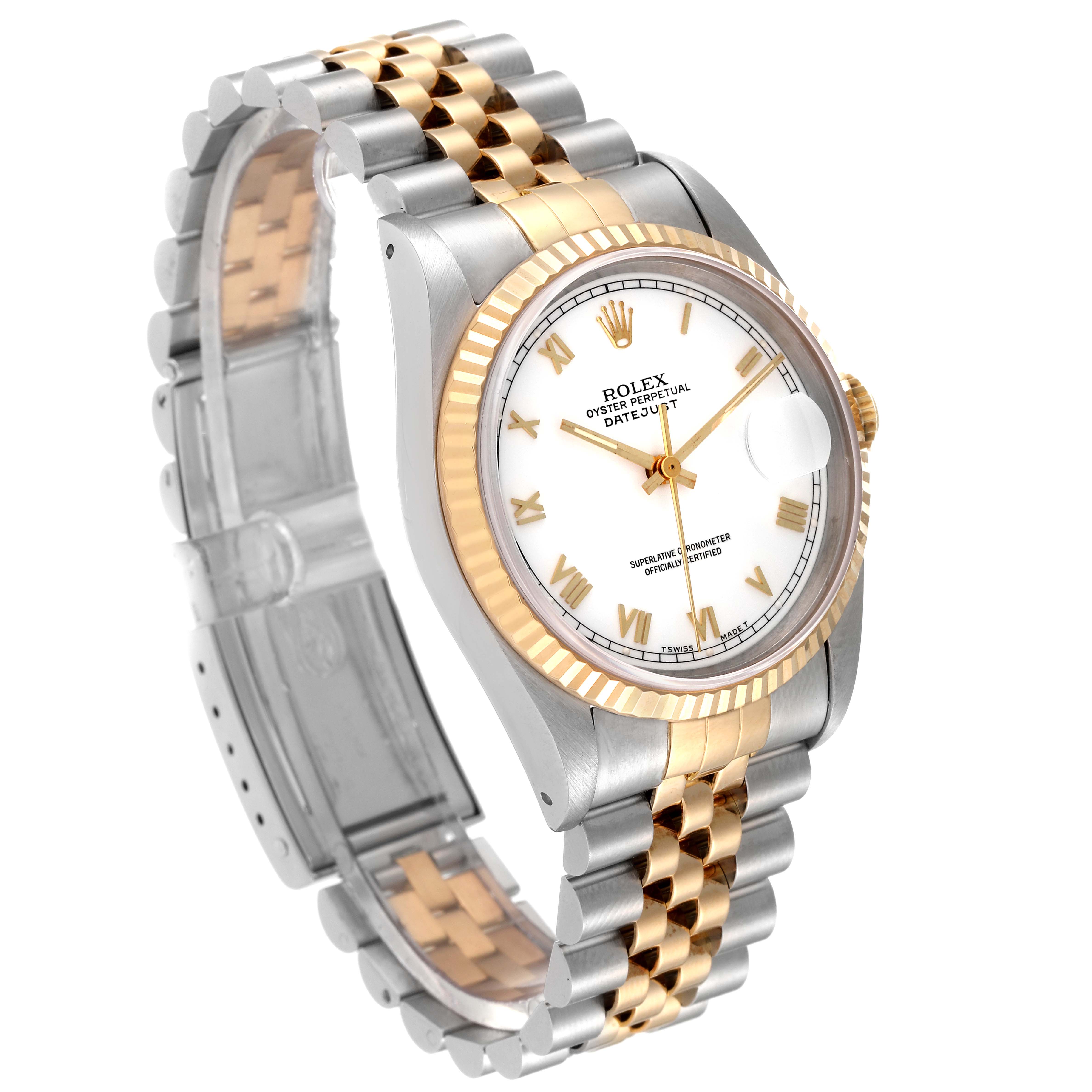 The image shows a Rolex Datejust 16233 Men's Steel and Gold (two tone) White Dial 16233 Men's Steel and Gold (two tone) White Dial watch at an angled view, highlighting its two-tone bracelet, fluted bezel, and white dial with Roman numerals.