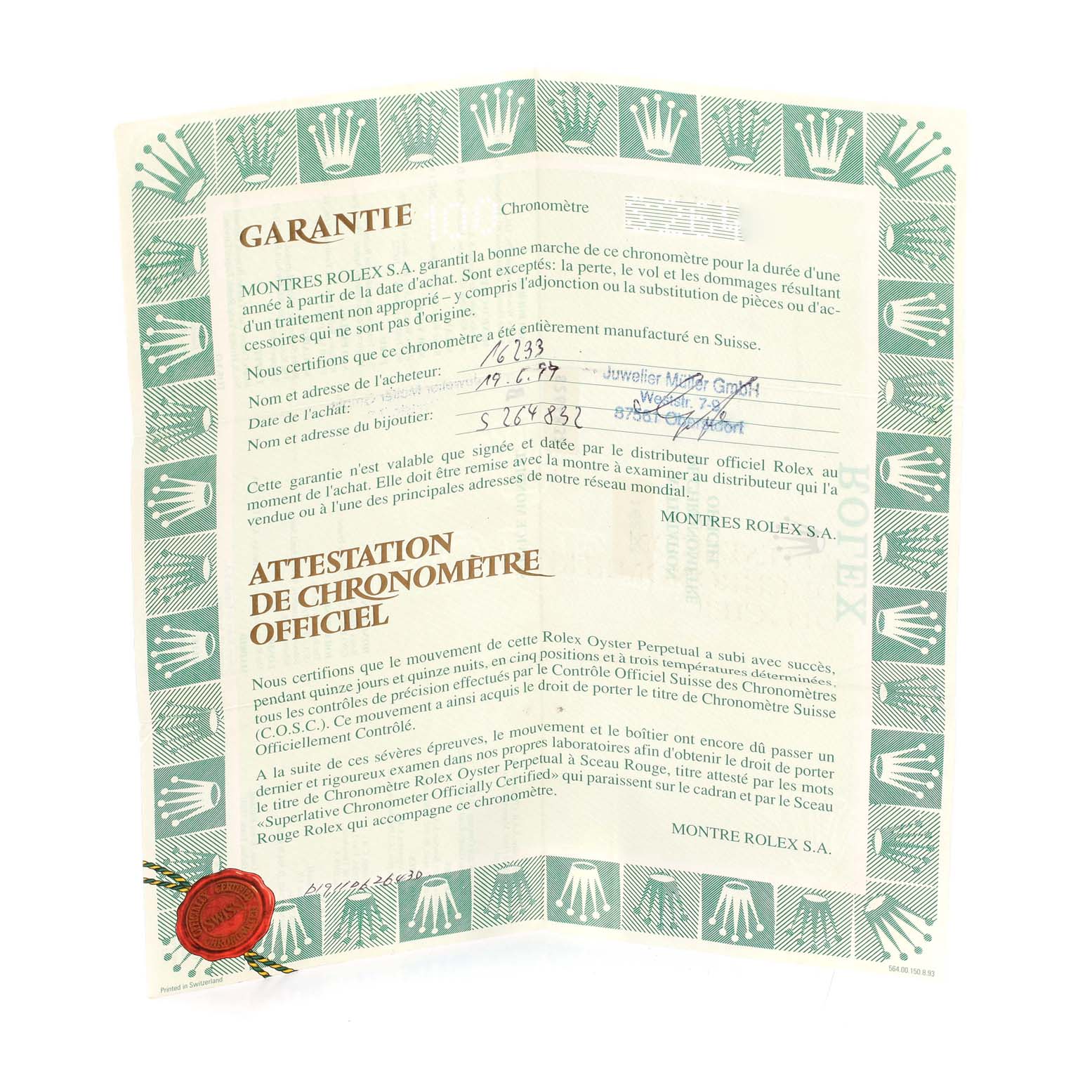 This image shows the warranty certificate for a Rolex Datejust 16233 Men's Steel and Gold (two tone) White Dial 16233 Men's Steel and Gold (two tone) White Dial watch, including guarantees and purchase details.
