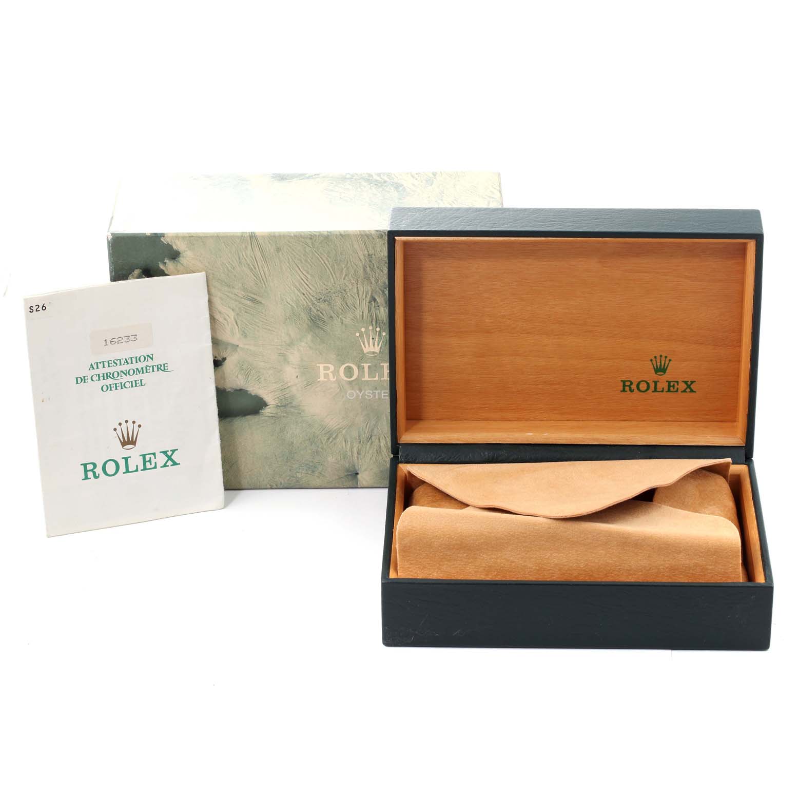 This image shows the packaging, box, and manual of a Rolex Datejust 16233 Men's Steel and Gold (two tone) White Dial 16233 Men's Steel and Gold (two tone) White Dial watch.