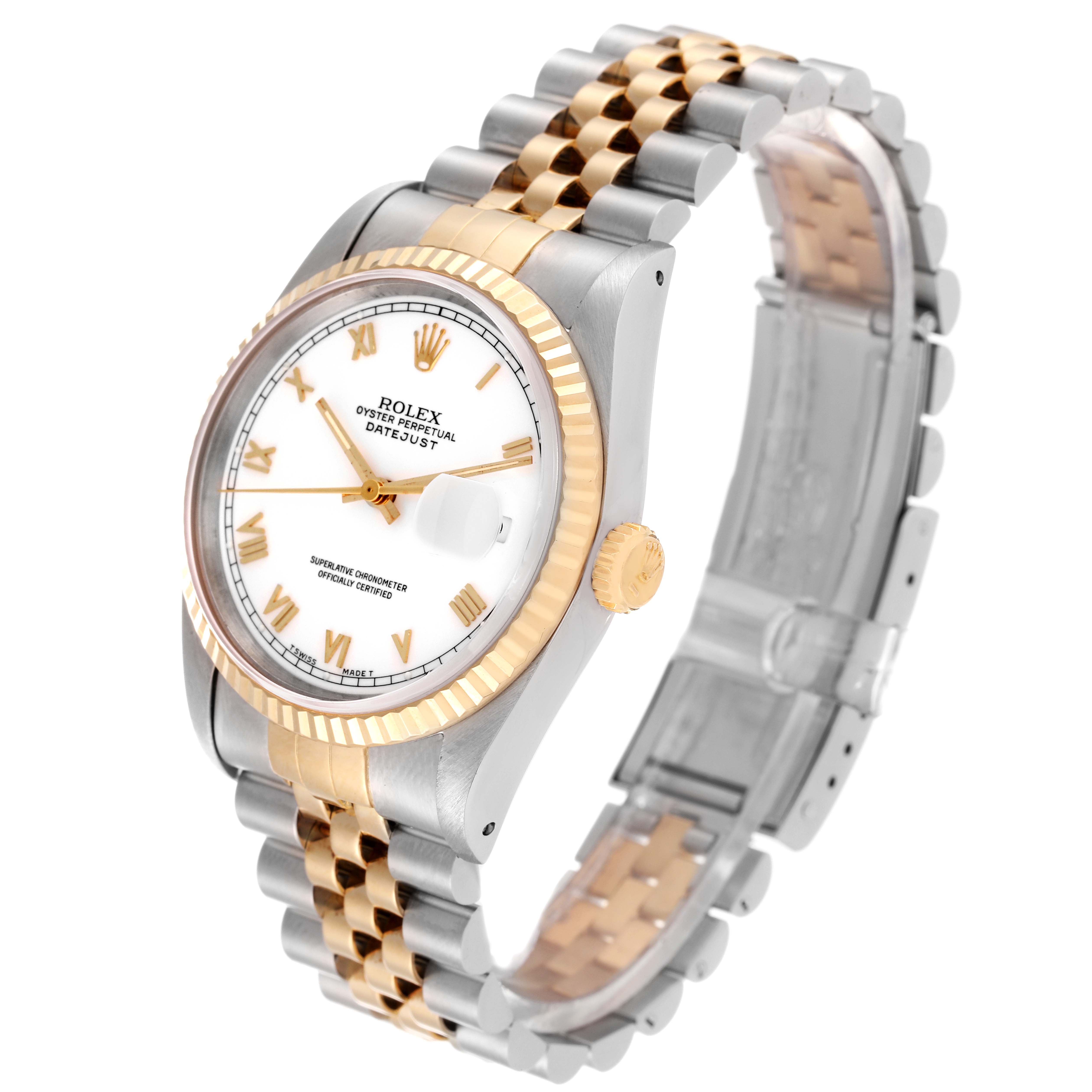 This Rolex Datejust 16233 Men's Steel and Gold (two tone) White Dial 16233 Men's Steel and Gold (two tone) White Dial watch is shown at an angle displaying the watch face, fluted bezel, crown, and two-tone Jubilee bracelet.