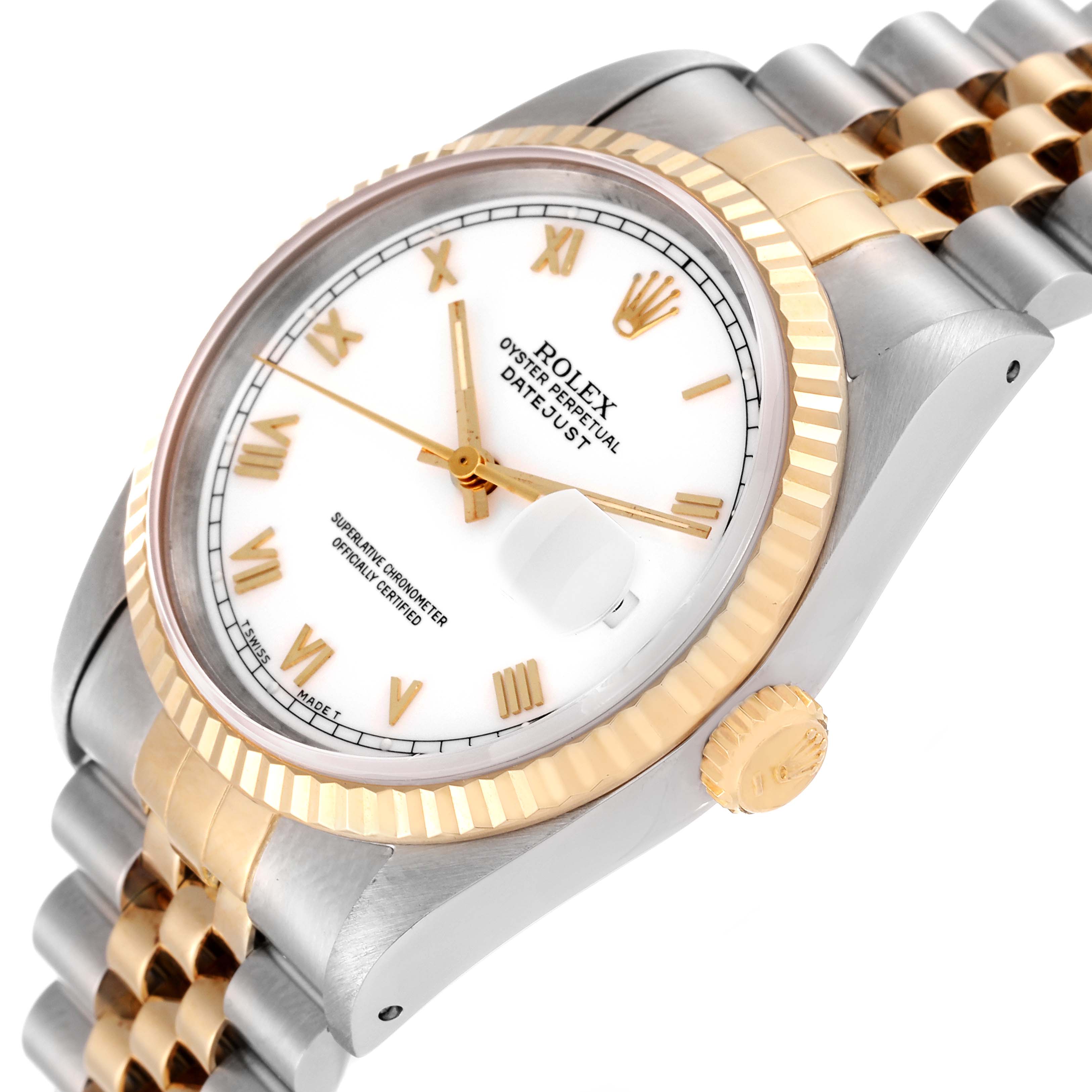 This image shows a Rolex Datejust 16233 Men's Steel and Gold (two tone) White Dial 16233 Men's Steel and Gold (two tone) White Dial watch at an oblique angle, highlighting the bezel, dial, crown, and part of the bracelet.