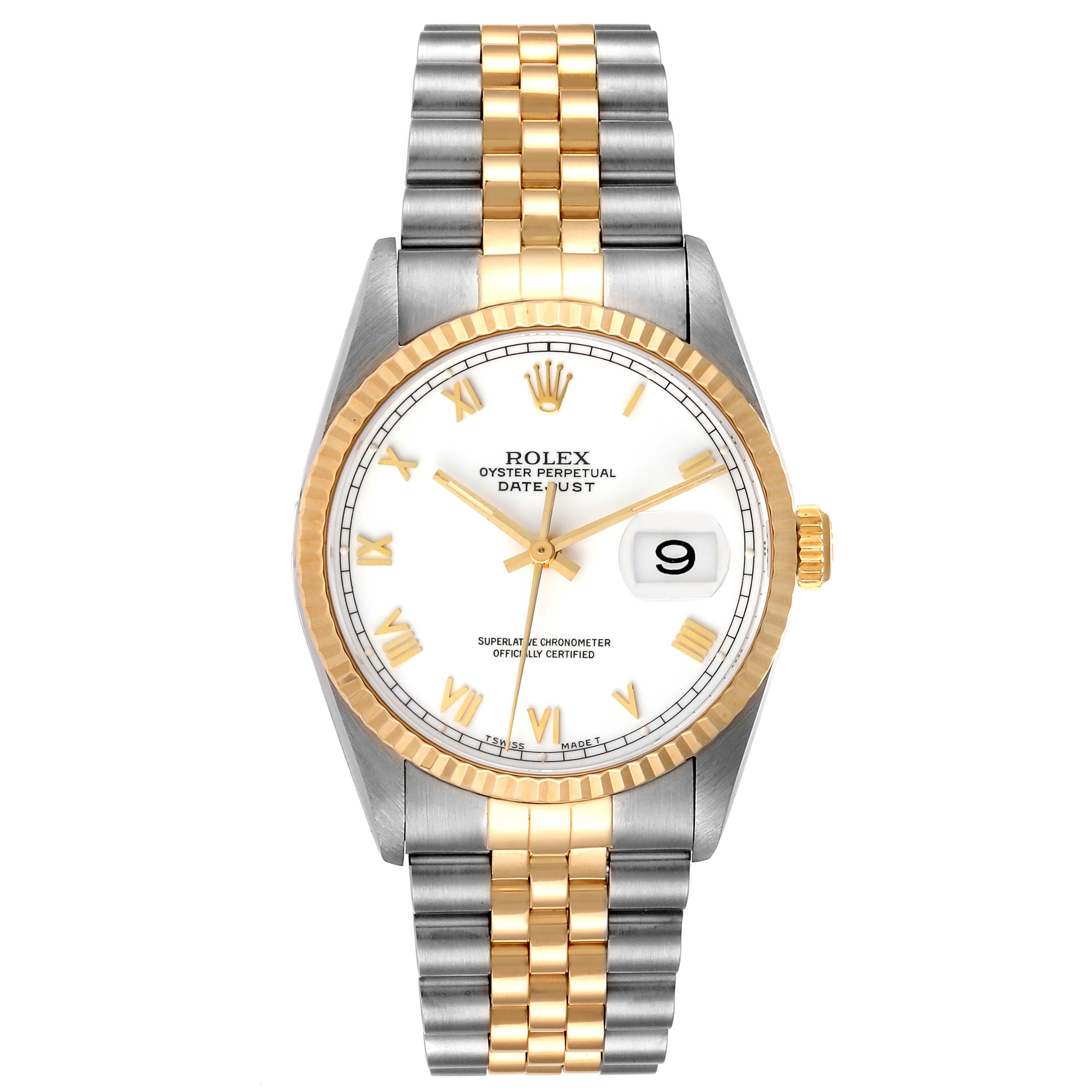The Rolex Datejust 16233 Men's Steel and Gold (two tone) White Dial 16233 Men's Steel and Gold (two tone) White Dial watch is shown from a top-down angle, displaying the face, bezel, and bracelet clearly.