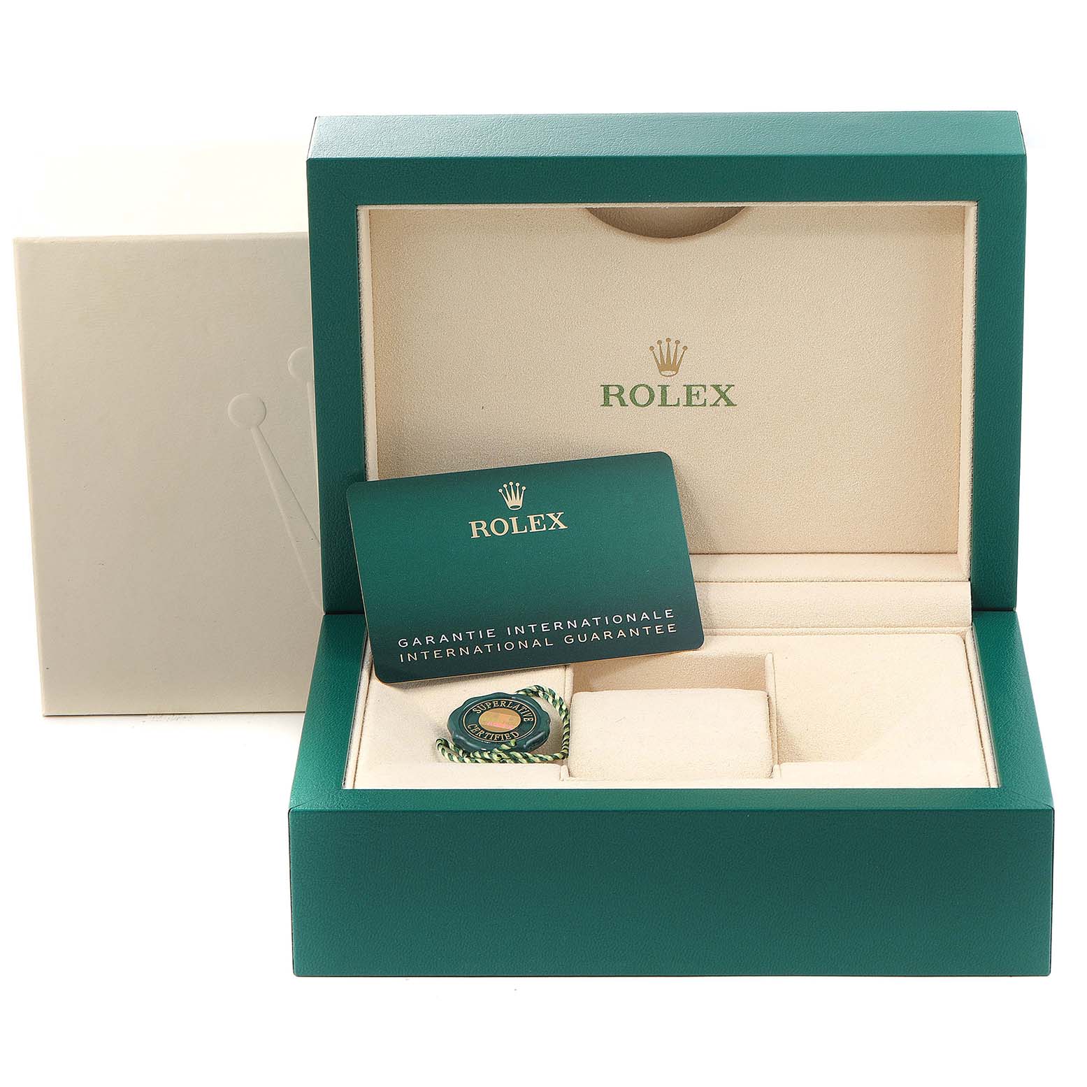 This image shows an open Rolex Datejust 126233 Men
s Steel and Gold (two tone) Grey Dial 126233 Men
s Steel and Gold (two tone) Grey Dial watch box from a front angle, containing a warranty card and a green seal tag.