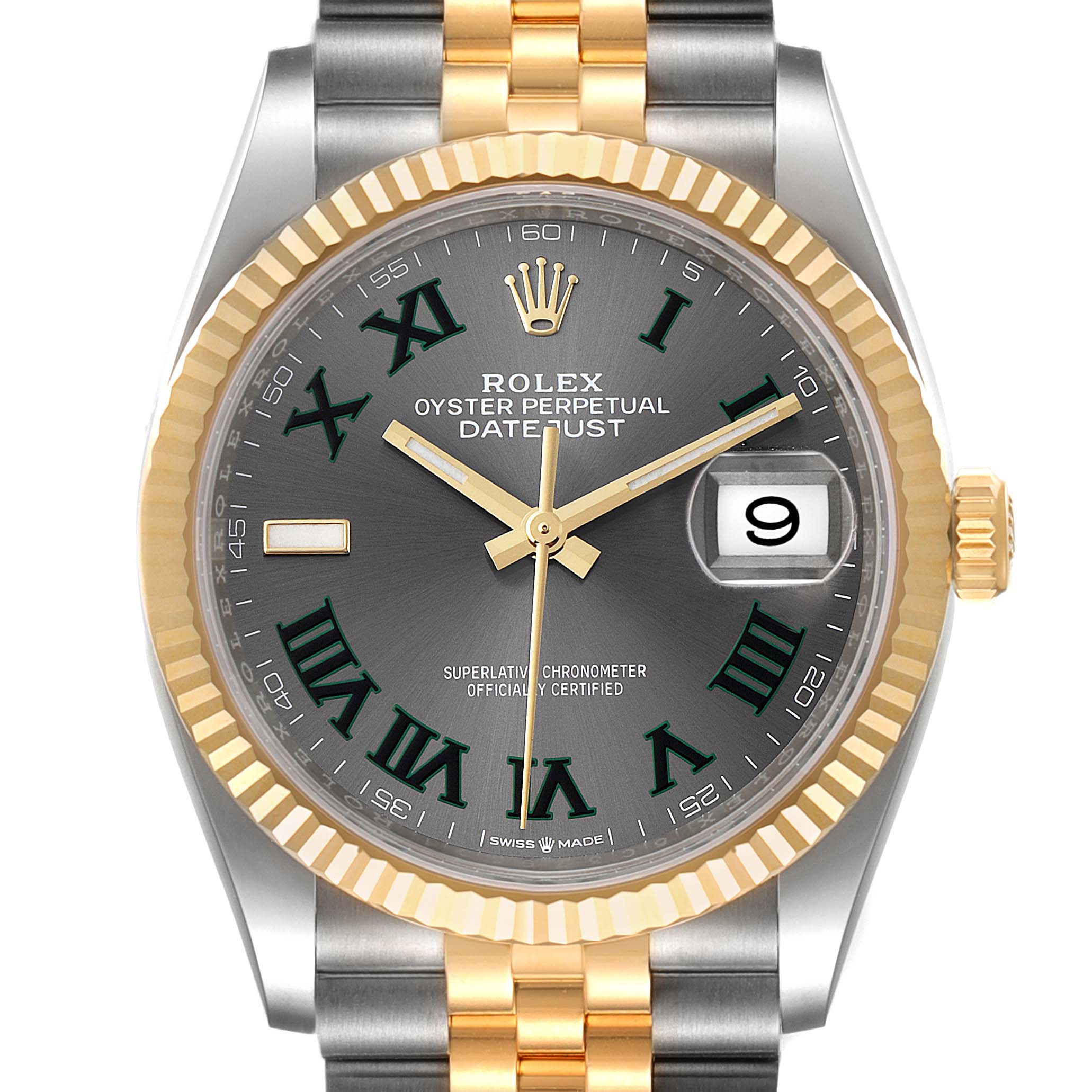 The image shows a Rolex Datejust 126233 Men
s Steel and Gold (two tone) Grey Dial 126233 Men
s Steel and Gold (two tone) Grey Dial watch face and partial bracelet from a front angle, highlighting the bezel, dial, and crown.