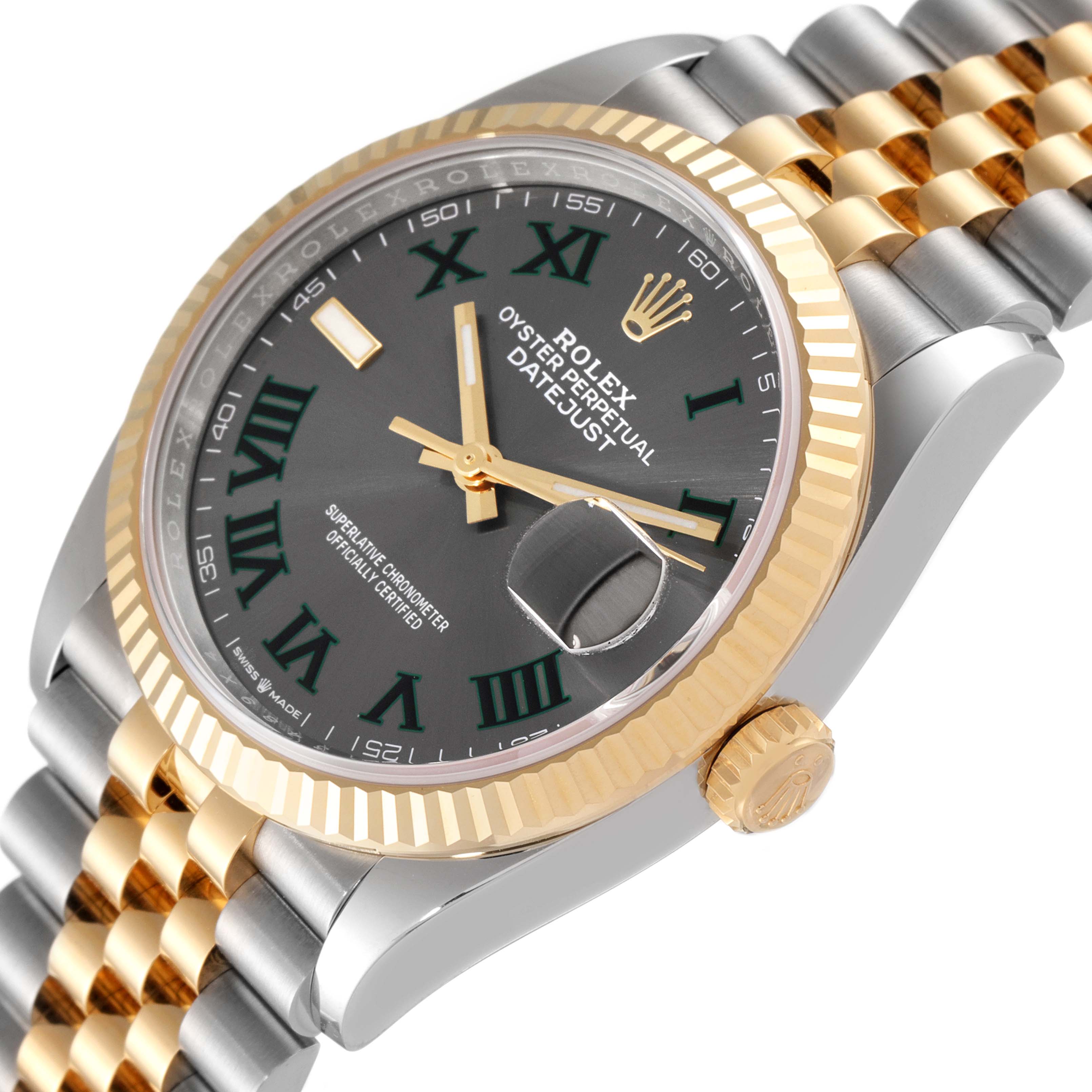 The Rolex Datejust 126233 Men
s Steel and Gold (two tone) Grey Dial 126233 Men
s Steel and Gold (two tone) Grey Dial watch is shown at an angled close-up, highlighting the dial, bezel, and the bracelet with the crown side visible.
