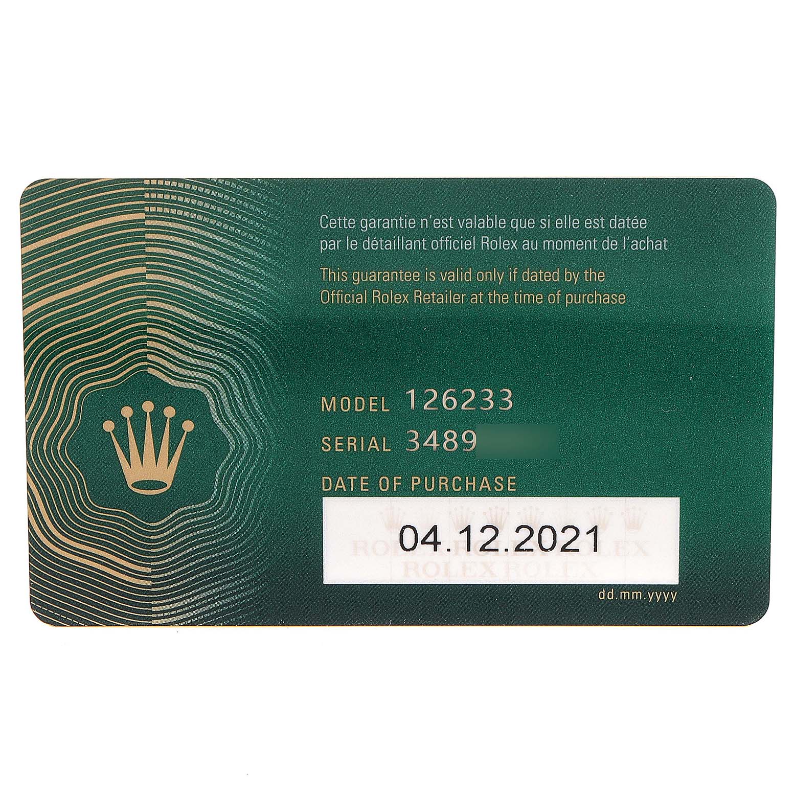 This image shows the warranty card for a Rolex Datejust 126233 Men
s Steel and Gold (two tone) Grey Dial 126233 Men
s Steel and Gold (two tone) Grey Dial model 126233.