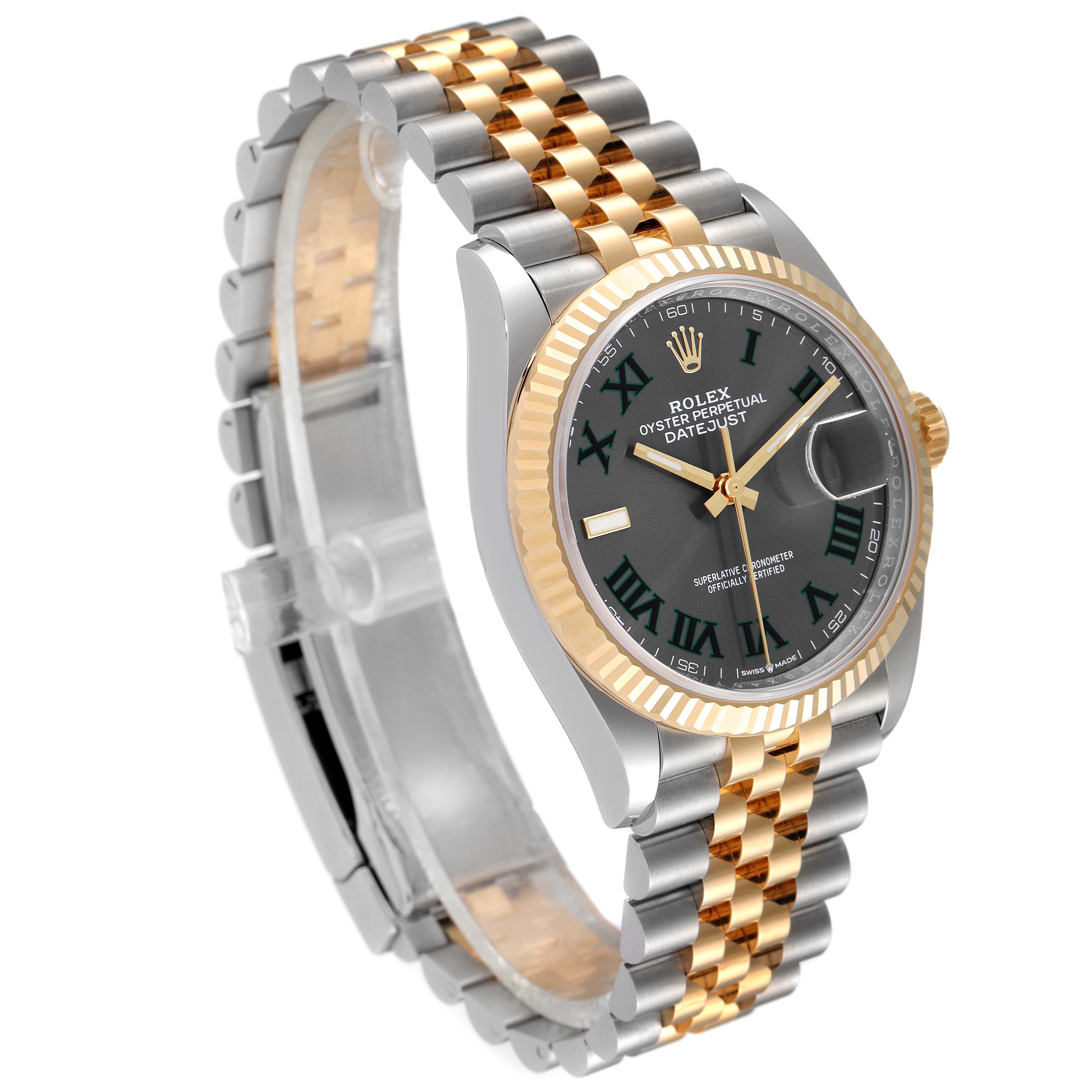 This image shows a Rolex Datejust 126233 Men
s Steel and Gold (two tone) Grey Dial 126233 Men
s Steel and Gold (two tone) Grey Dial watch at an angle highlighting the dial, bezel, case, and two-tone bracelet.