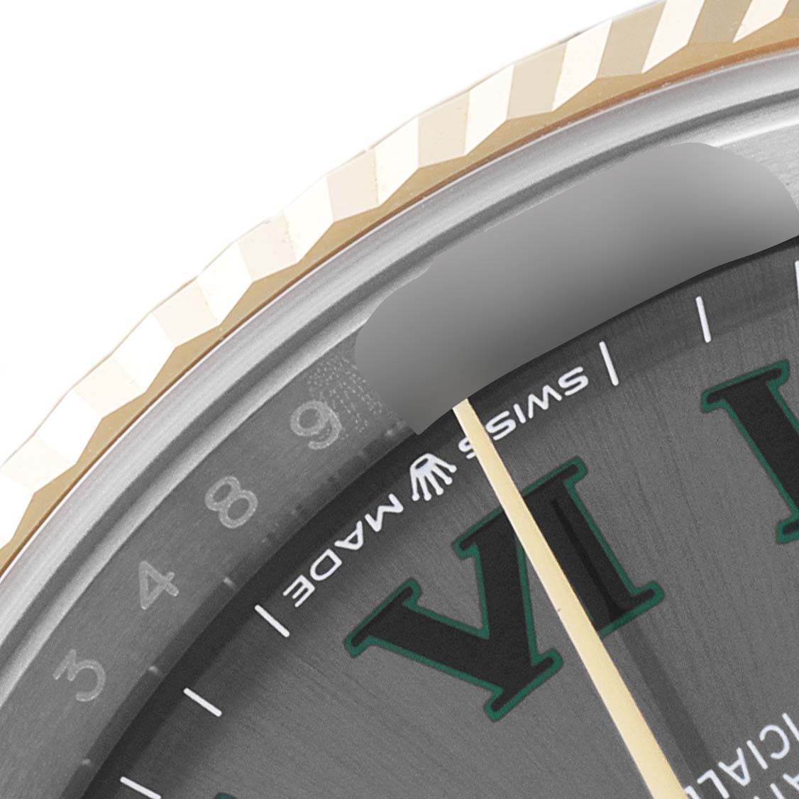 The image shows a close-up of the bezel, date window, and part of the dial of a Rolex Datejust 126233 Men
s Steel and Gold (two tone) Grey Dial 126233 Men
s Steel and Gold (two tone) Grey Dial watch.