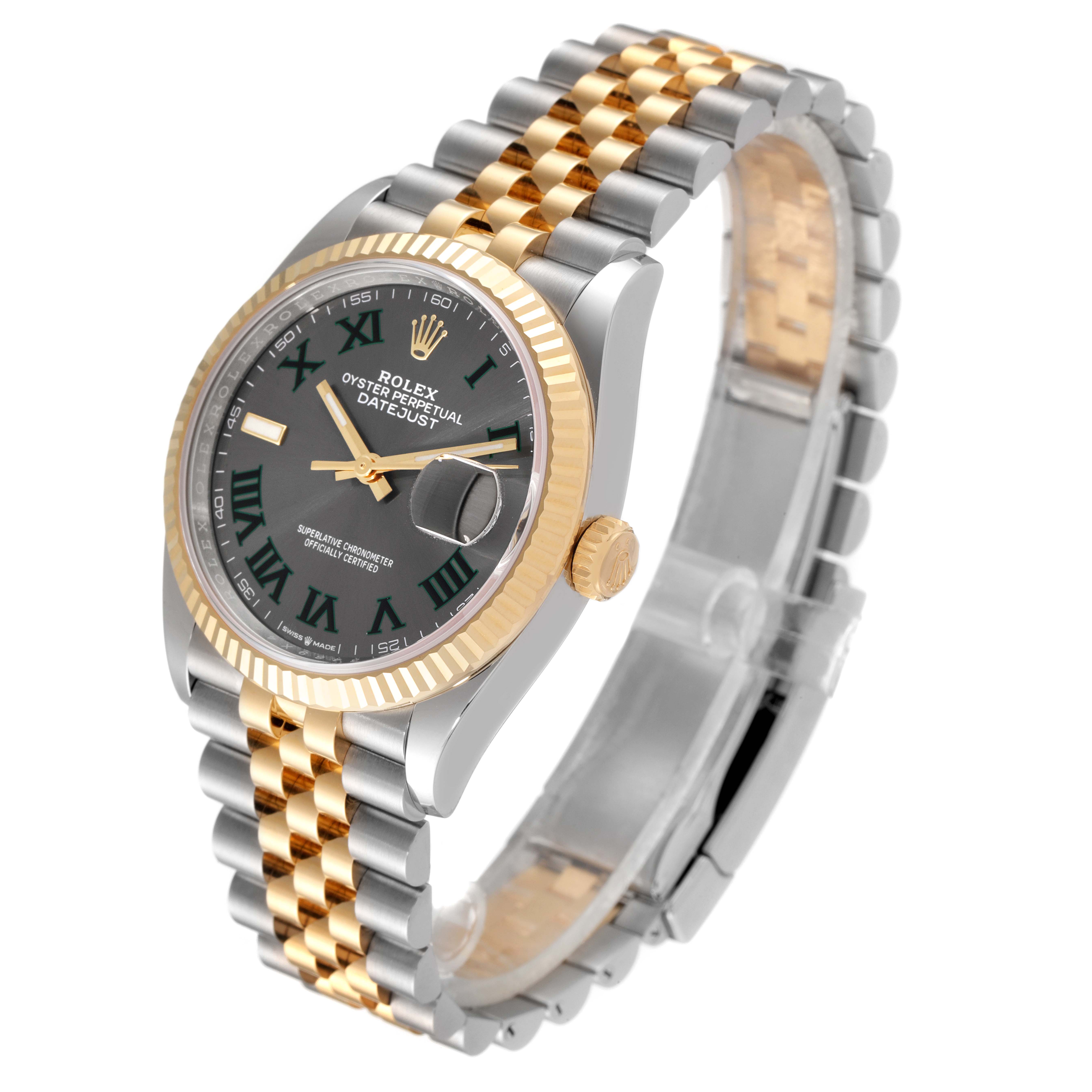 This image shows a Rolex Datejust 126233 Men
s Steel and Gold (two tone) Grey Dial 126233 Men
s Steel and Gold (two tone) Grey Dial watch at an angle, displaying its two-toned bracelet, bezel, crown, and black face with Roman numerals.