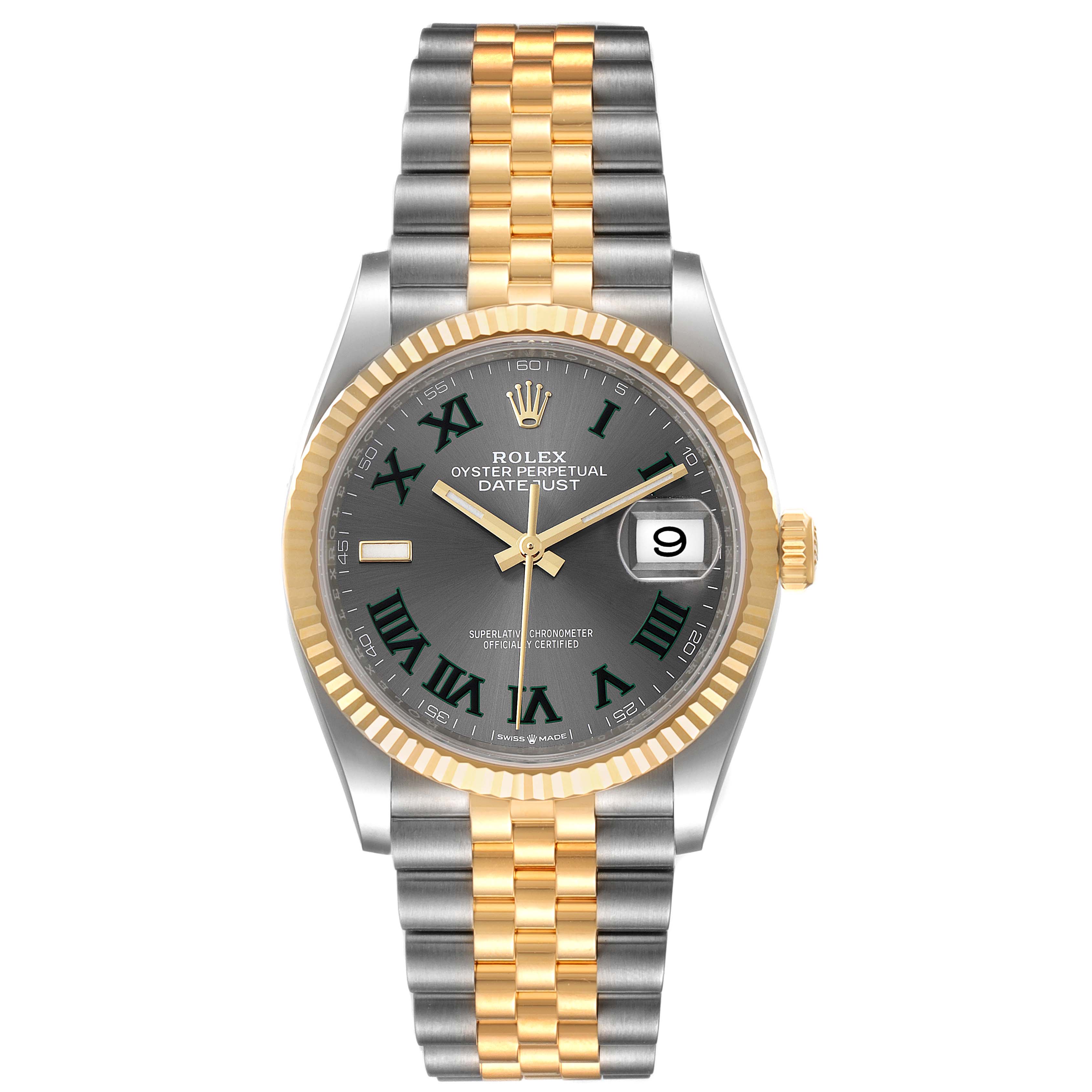 This Rolex Datejust 126233 Men
s Steel and Gold (two tone) Grey Dial 126233 Men
s Steel and Gold (two tone) Grey Dial watch is shown from the front, featuring a two-tone bracelet, fluted bezel, and gray dial with Roman numerals.