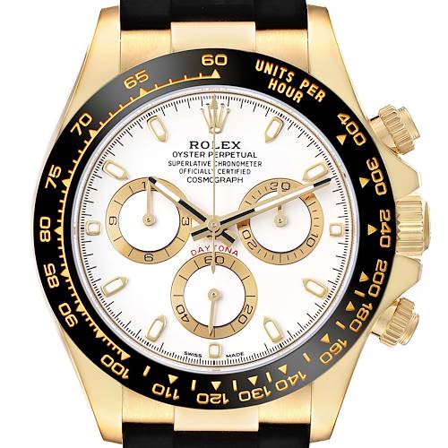 The Rolex Daytona 116518 Men's Yellow Gold White Dial watch is shown from the front, highlighting its bezel, dial, and subdials.