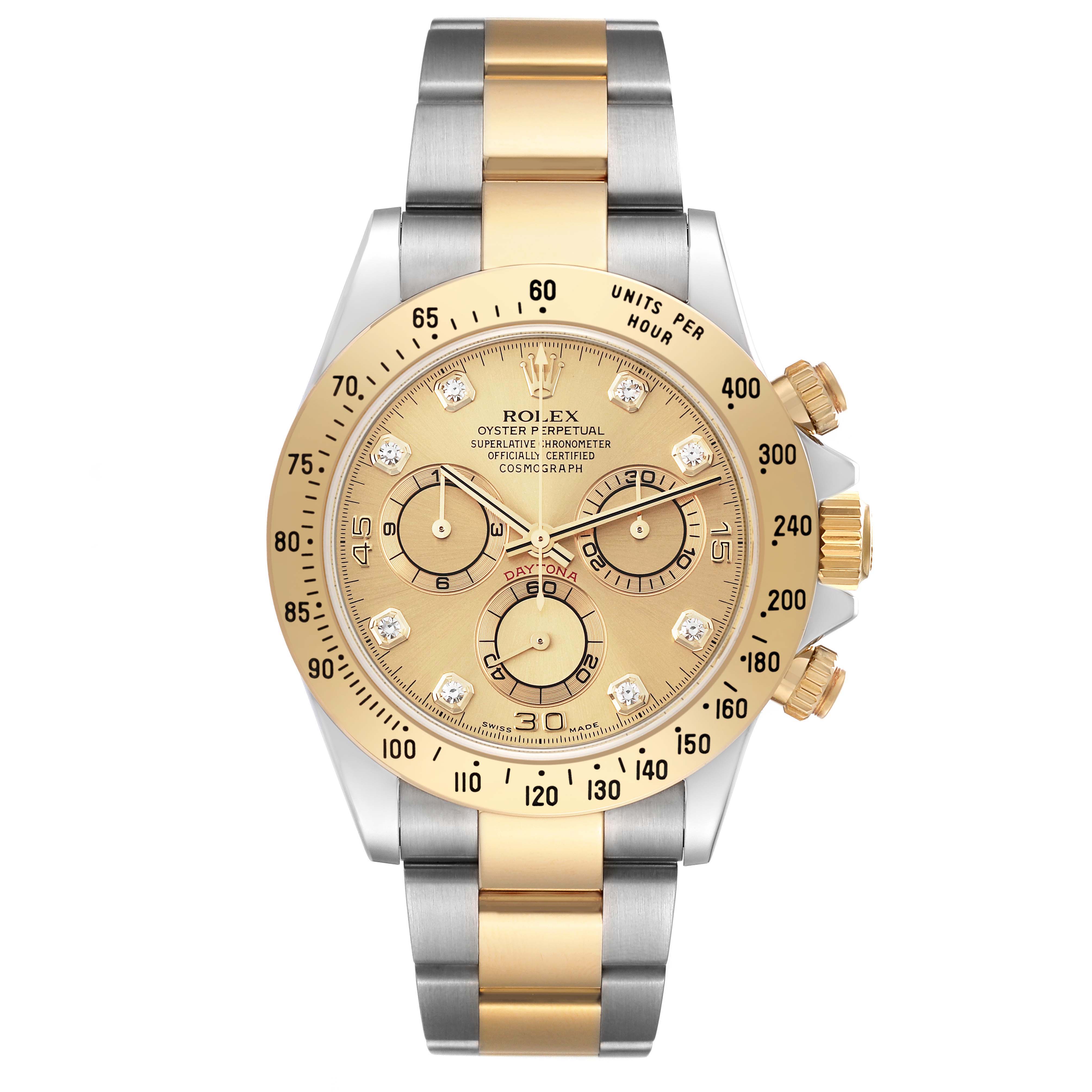 The image shows a front view of a Rolex Daytona 116523 Men's Steel and Gold (two tone) Champagne Dial 116523 Men's Steel and Gold (two tone) Champagne Dial watch, highlighting the watch face, bezel, and bracelet.