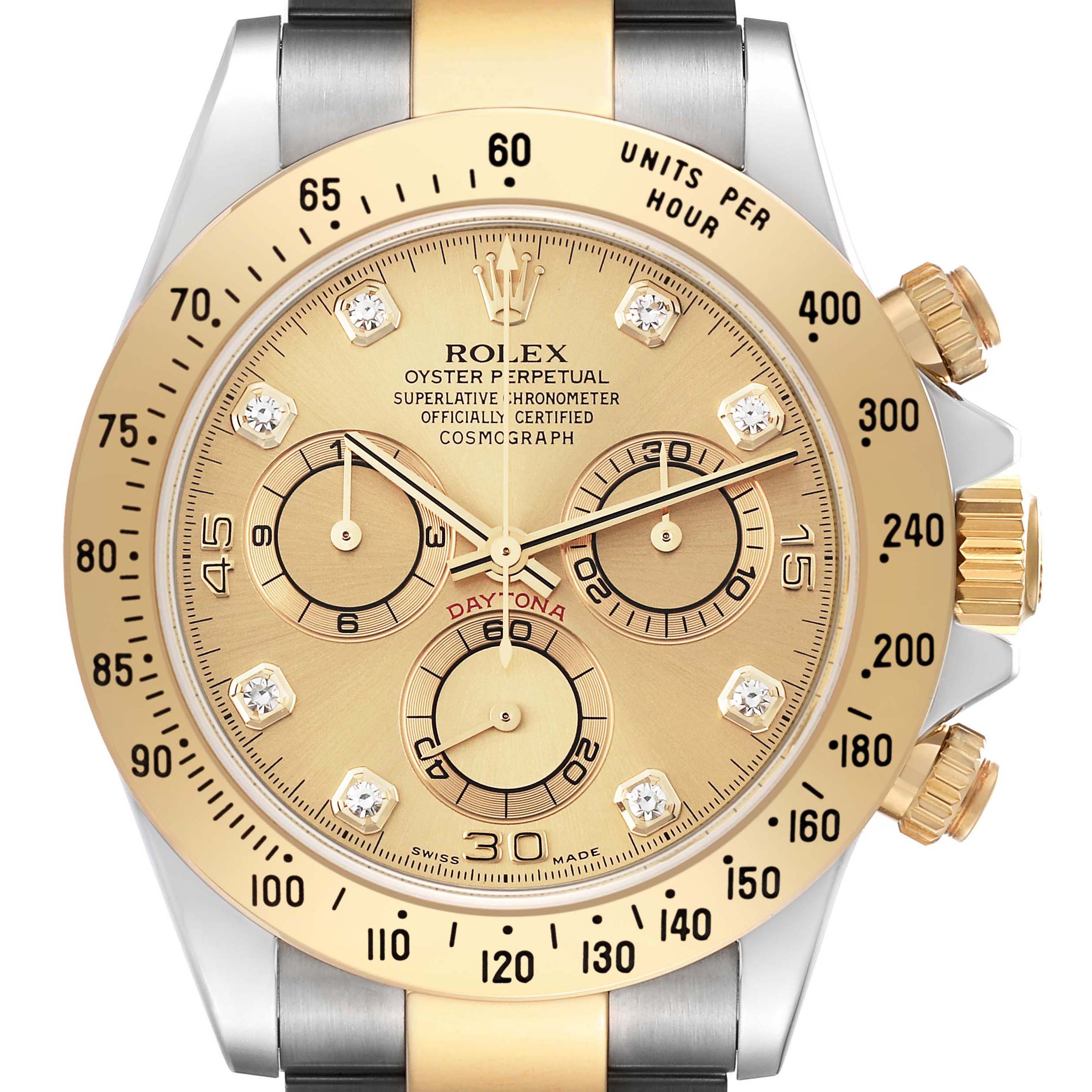 The image shows a frontal view of the Rolex Daytona 116523 Men's Steel and Gold (two tone) Champagne Dial 116523 Men's Steel and Gold (two tone) Champagne Dial watch, showcasing the bezel, dial, subdials, and crown.