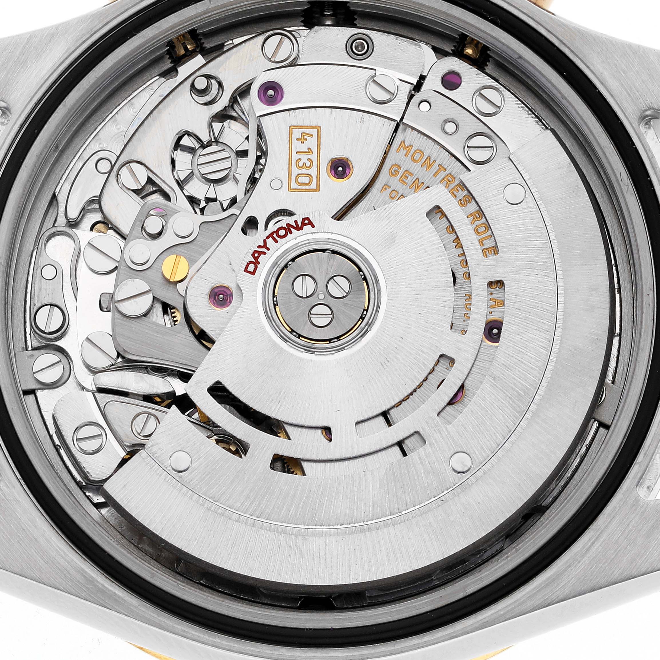 This image shows the back view of the Rolex Daytona 116523 Men's Steel and Gold (two tone) Champagne Dial 116523 Men's Steel and Gold (two tone) Champagne Dial watch, revealing its intricate internal movement components.