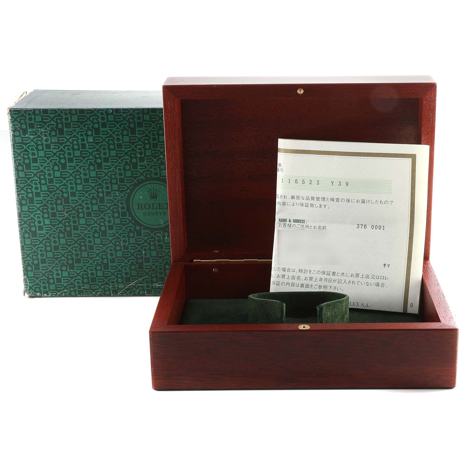 The image shows opened wooden Rolex Daytona 116523 Men's Steel and Gold (two tone) Champagne Dial 116523 Men's Steel and Gold (two tone) Champagne Dial watch packaging, an outer box, and documents displayed upright inside.