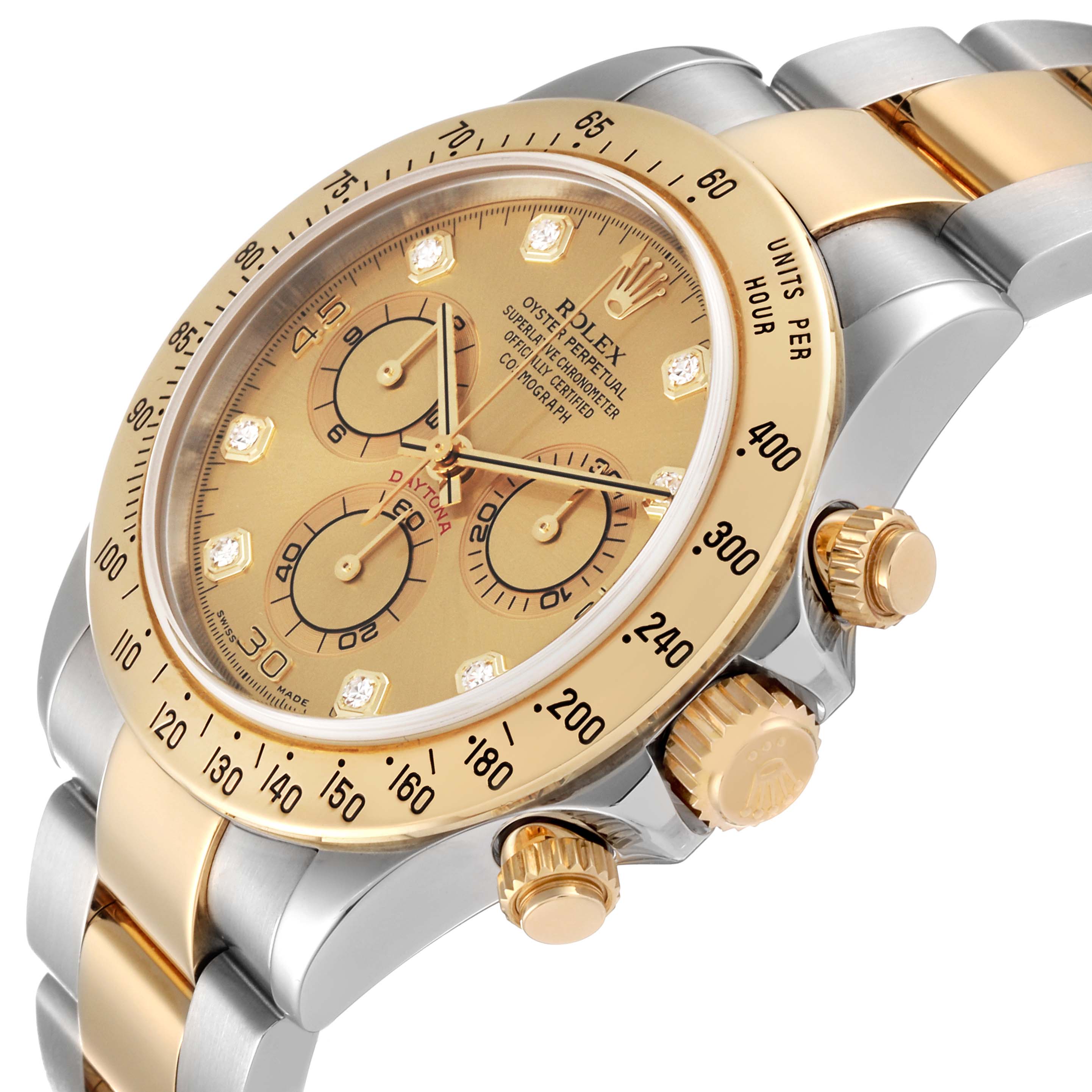 The image shows a close-up angle of a Rolex Daytona 116523 Men's Steel and Gold (two tone) Champagne Dial 116523 Men's Steel and Gold (two tone) Champagne Dial watch, focusing on the gold bezel, dial, and crown.