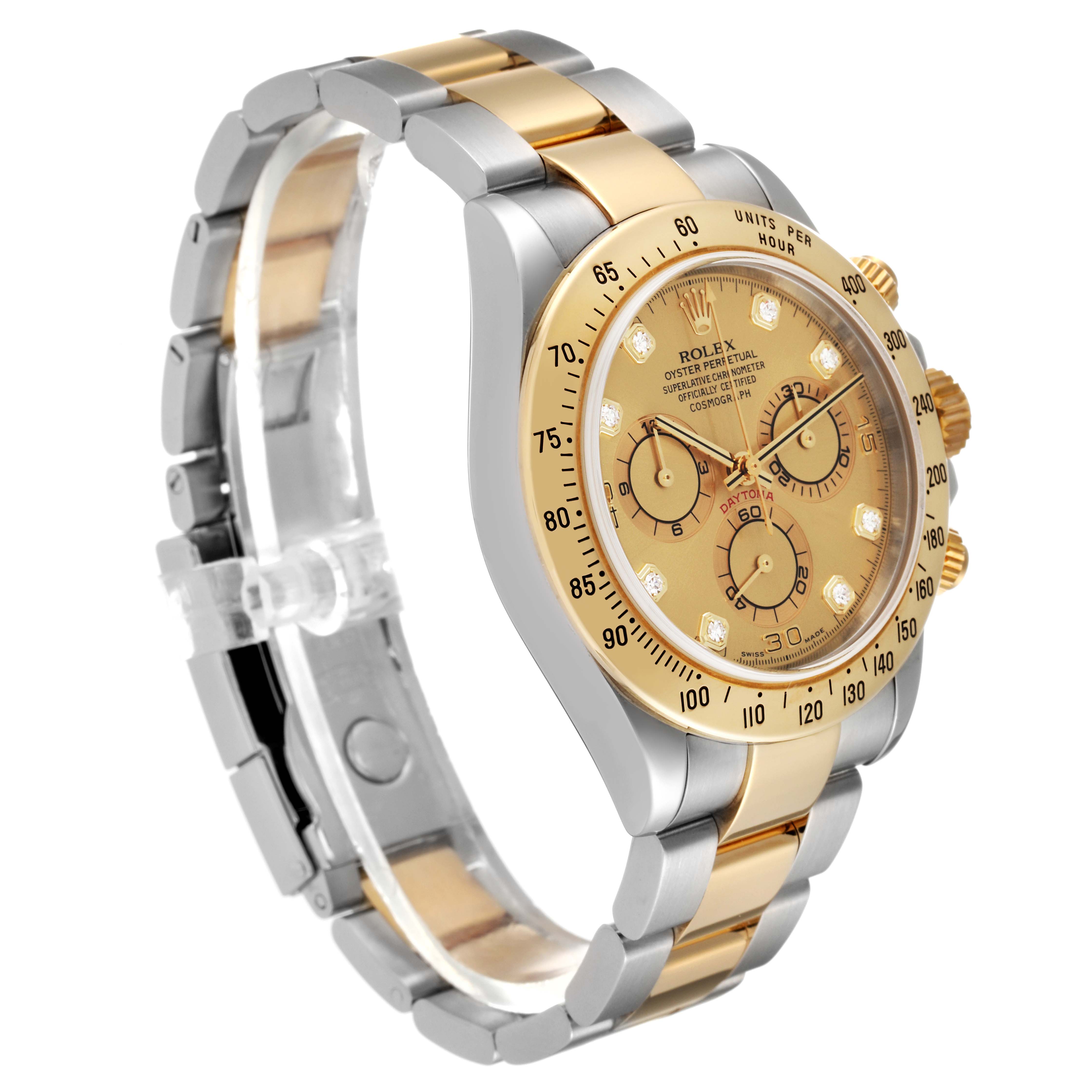 The Rolex Daytona 116523 Men's Steel and Gold (two tone) Champagne Dial 116523 Men's Steel and Gold (two tone) Champagne Dial watch is displayed at a side angle showing its gold and silver band, bezel, and face with three subdials.