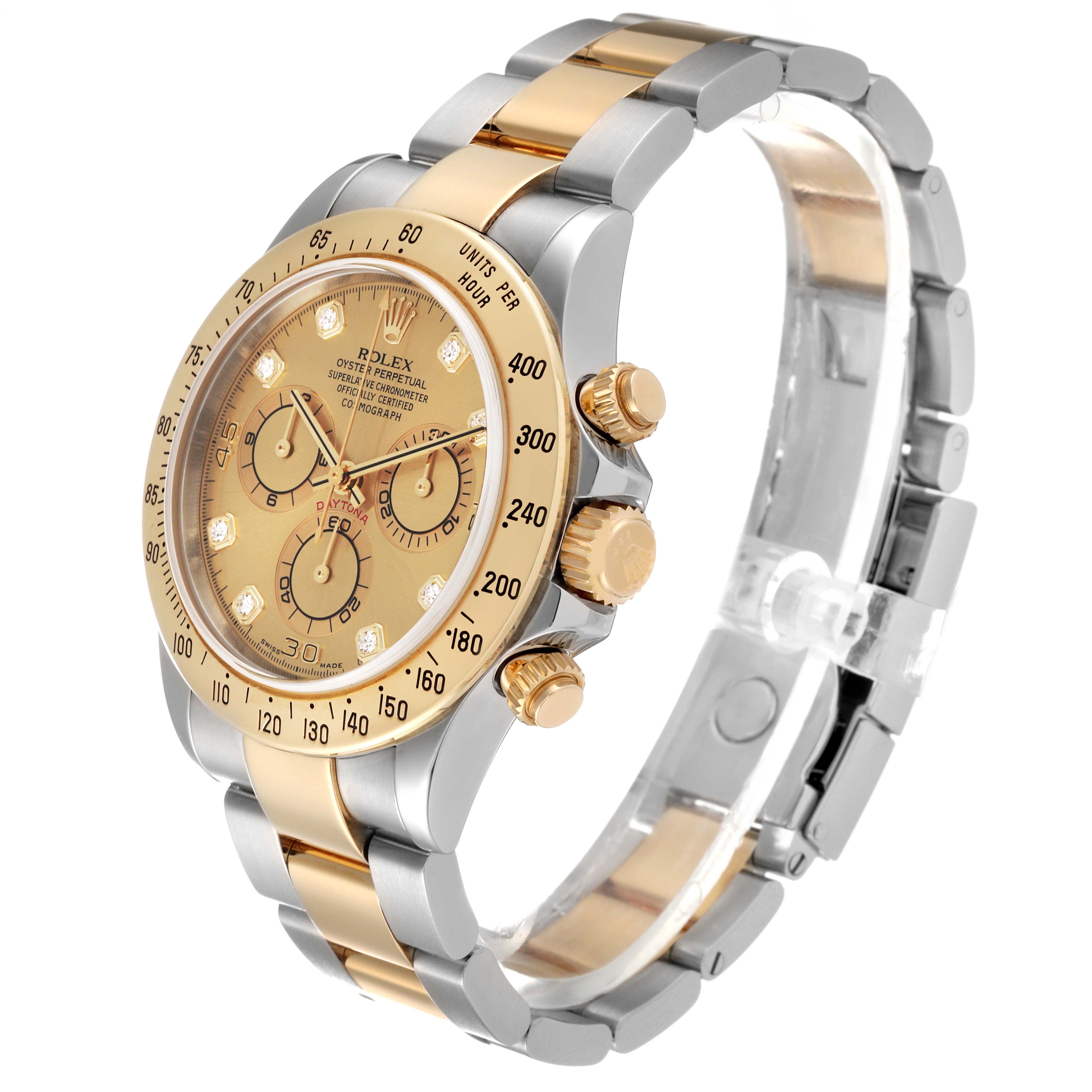 The image showcases a Rolex Daytona 116523 Men's Steel and Gold (two tone) Champagne Dial 116523 Men's Steel and Gold (two tone) Champagne Dial watch at an angle, highlighting its gold and silver bracelet, bezel, and sub-dials.