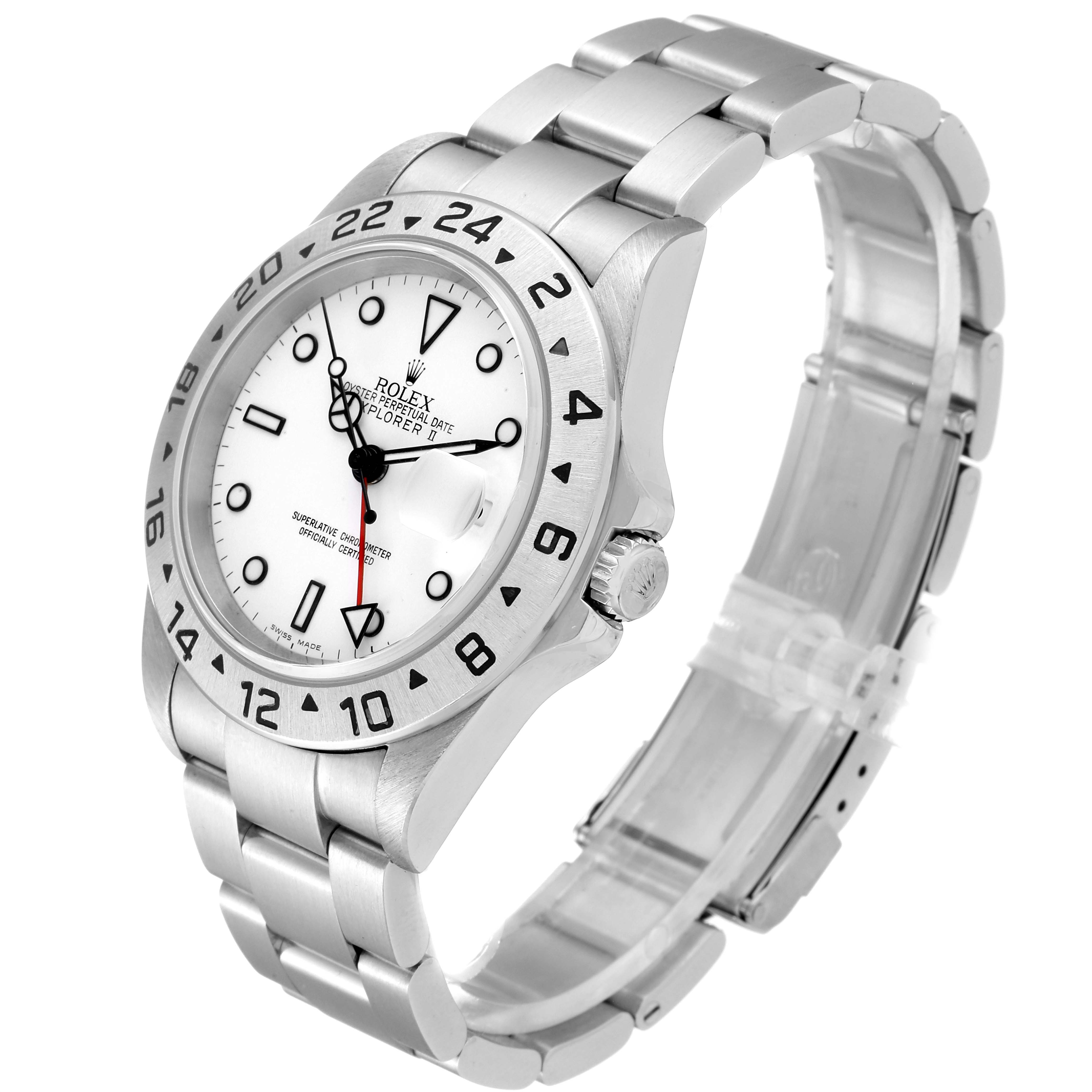 The Rolex Explorer 16570 Men's Stainless Steel White Dial 16570 Men's Stainless Steel White Dial model watch is shown at a three-quarter angle displaying the dial, bezel, bracelet, and clasp.