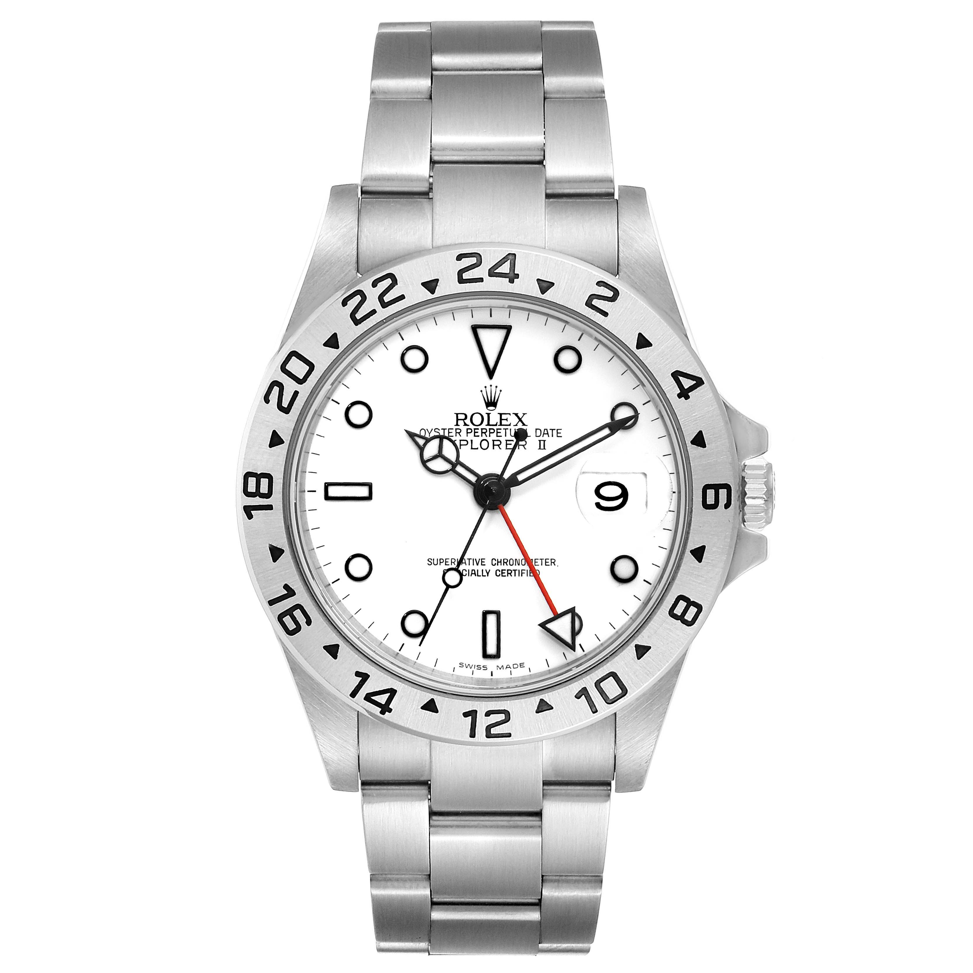 This image shows a front view of a Rolex Explorer 16570 Men's Stainless Steel White Dial 16570 Men's Stainless Steel White Dial watch, highlighting the dial, bezel, bracelet, and crown.