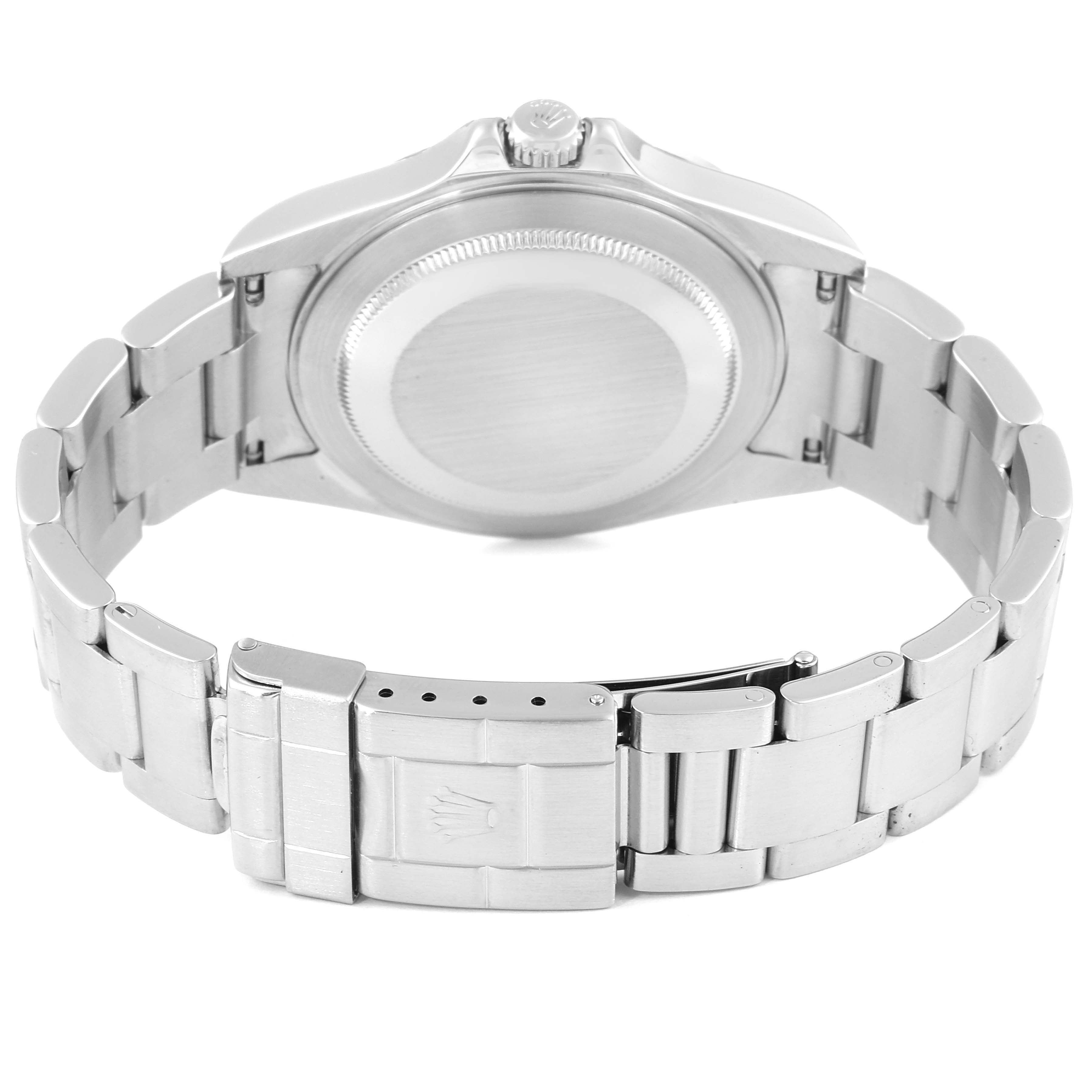 The image shows the back view of a Rolex Explorer 16570 Men's Stainless Steel White Dial 16570 Men's Stainless Steel White Dial watch, displaying the case back and bracelet with the clasp open.