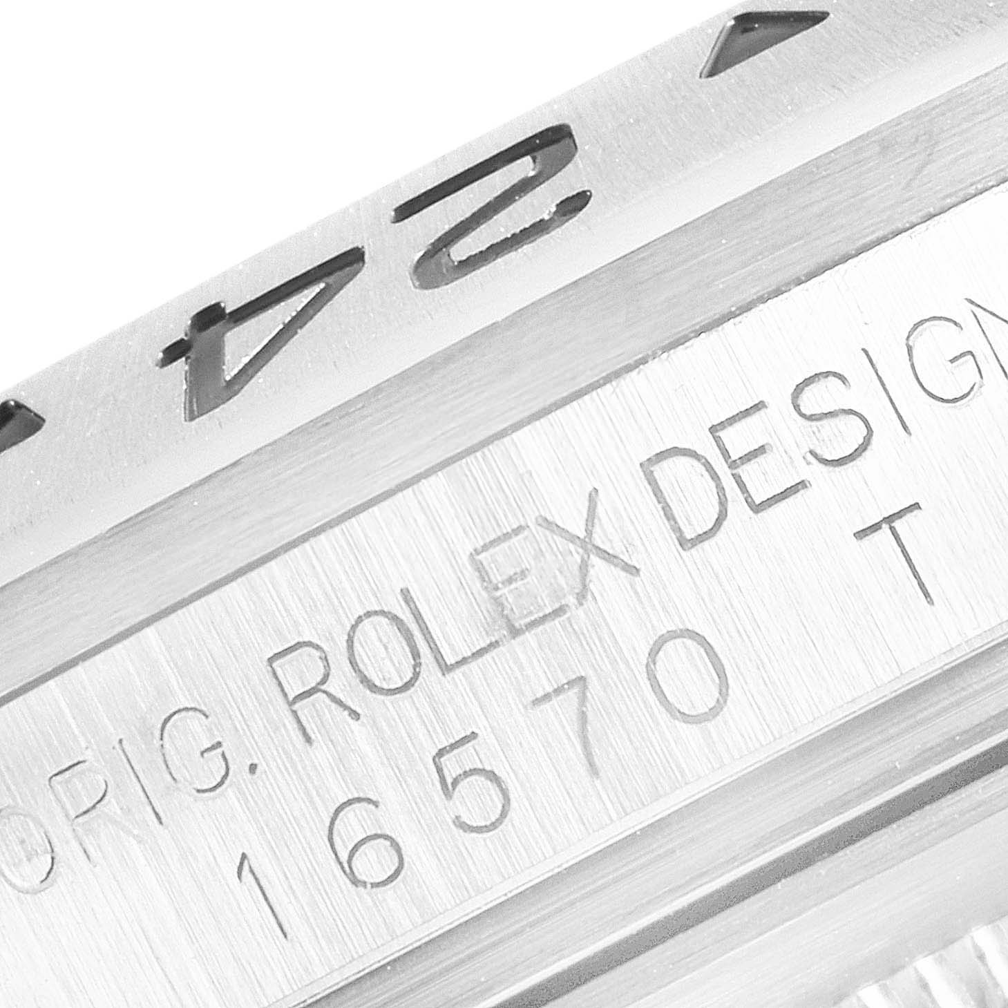 This image shows a close-up angle of the case side, bezel, and reference number of the Rolex Explorer 16570 Men's Stainless Steel White Dial 16570 Men's Stainless Steel White Dial model.