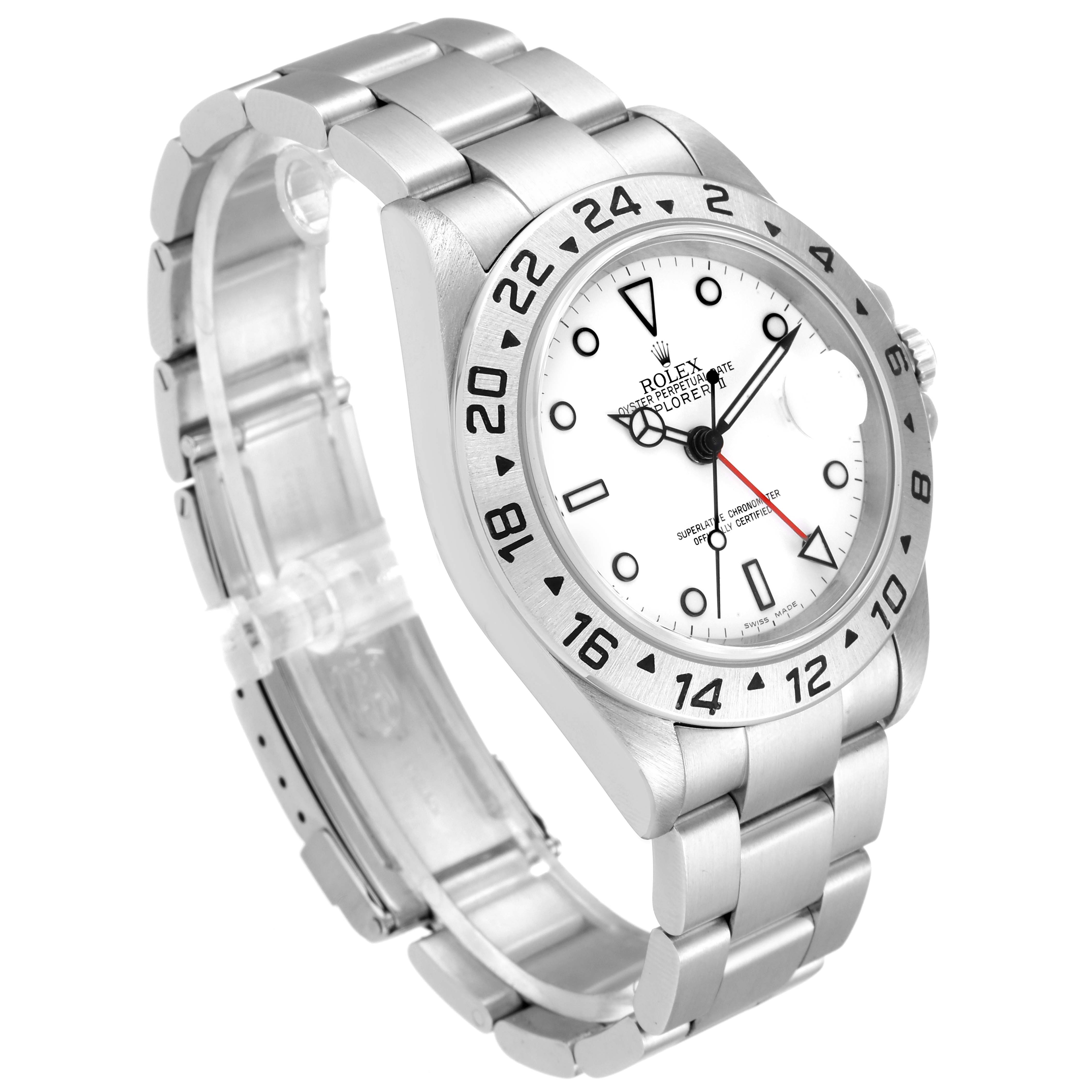 The Rolex Explorer 16570 Men's Stainless Steel White Dial 16570 Men's Stainless Steel White Dial watch is shown at a tilted angle highlighting the face, bezel, crown, and bracelet.