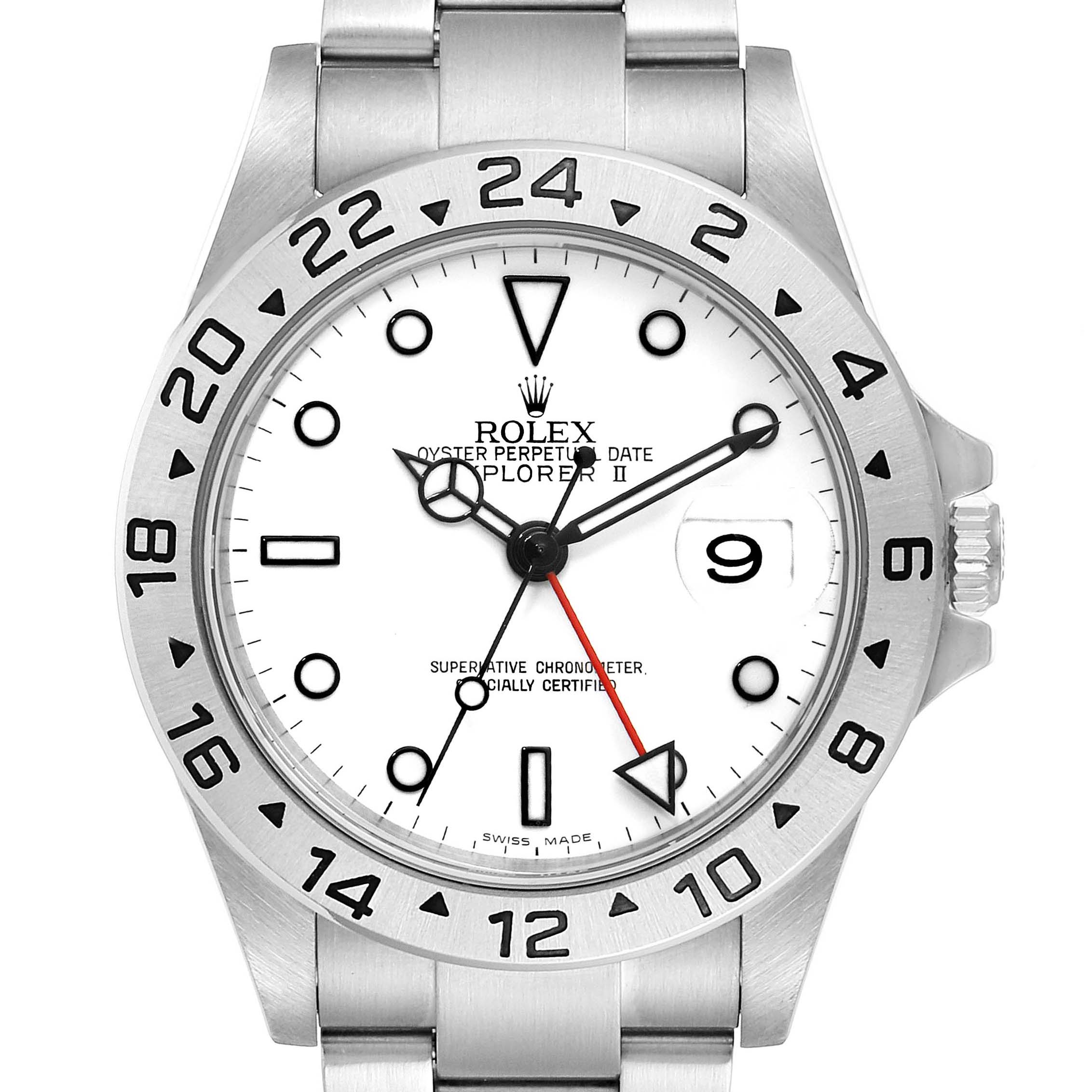 The Rolex Explorer 16570 Men's Stainless Steel White Dial 16570 Men's Stainless Steel White Dial watch is shown from the front, displaying its dial, bezel, hands, and bracelet.