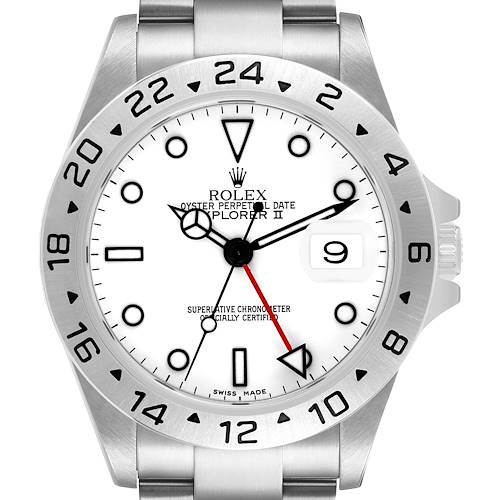 The Rolex Explorer 16570 Men's Stainless Steel White Dial watch is shown from a front angle, highlighting the dial, bezel, crown, and part of the bracelet.