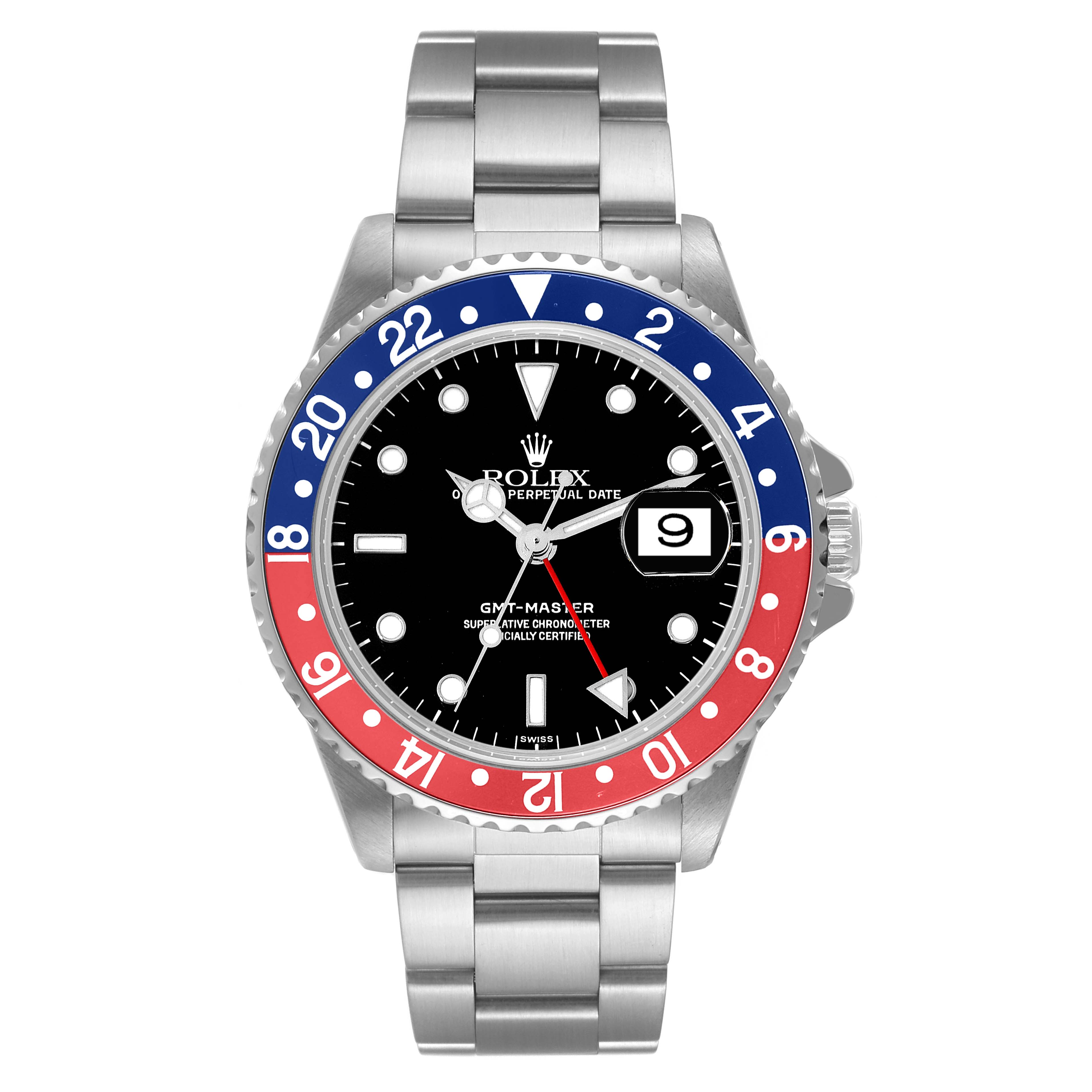 The image shows the front view of a Rolex GMT-Master 16700 Men
s Stainless Steel Black Dial 16700 Men
s Stainless Steel Black Dial watch, showcasing the bezel, dial, date window, and bracelet.
