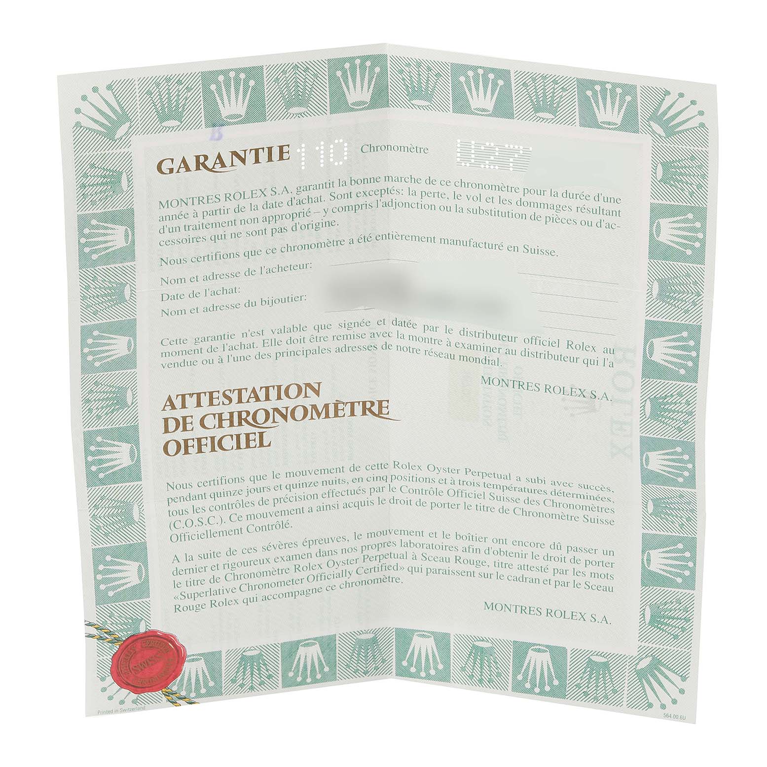 This image shows the warranty and chronometer certificate for the Rolex GMT-Master 16700 Men
s Stainless Steel Black Dial 16700 Men
s Stainless Steel Black Dial.