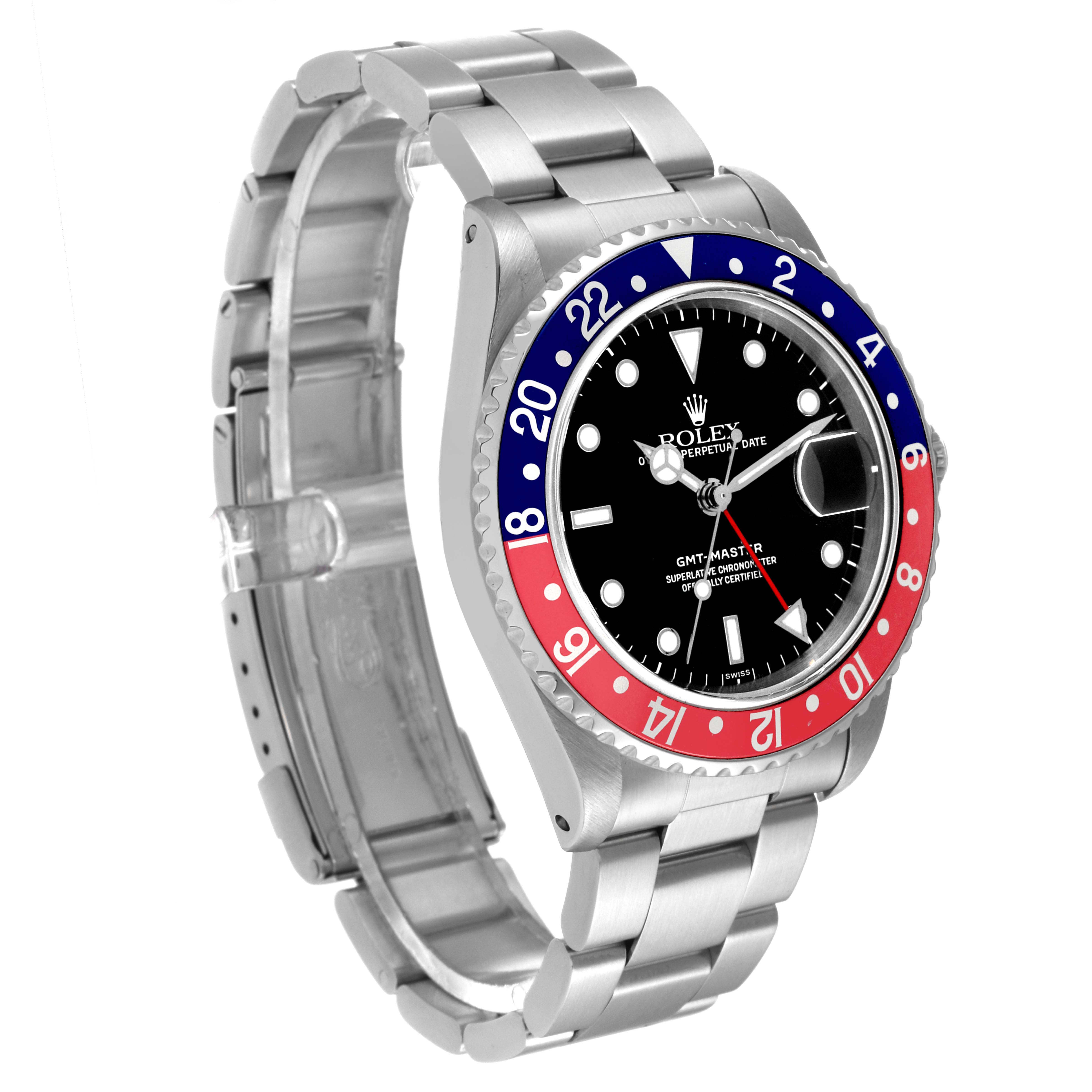 This image shows a side and front view of a Rolex GMT-Master 16700 Men
s Stainless Steel Black Dial 16700 Men
s Stainless Steel Black Dial watch with a red and blue bezel and stainless steel bracelet.