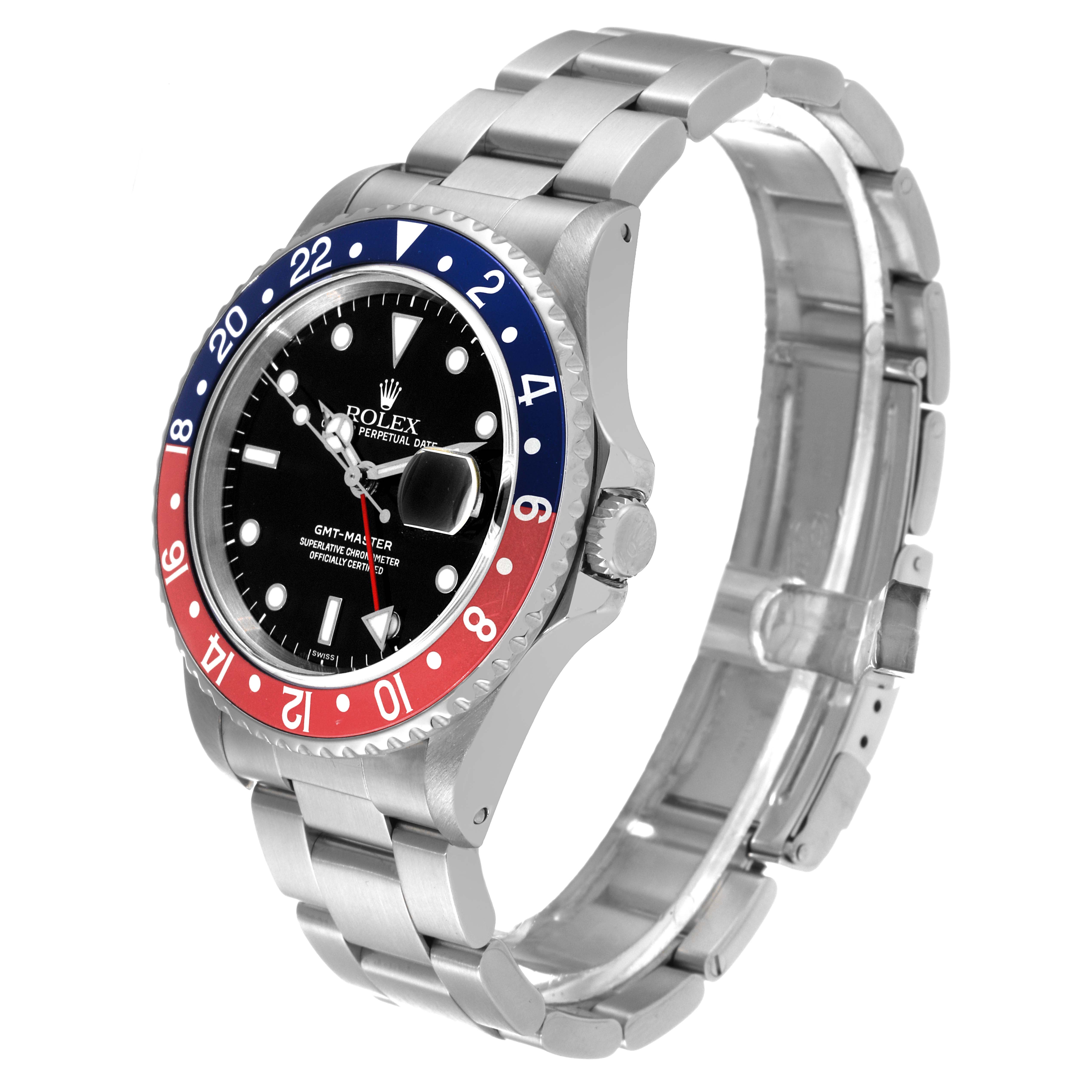 This Rolex GMT-Master 16700 Men
s Stainless Steel Black Dial 16700 Men
s Stainless Steel Black Dial watch is shown at an angled side view, highlighting its bezel, dial, bracelet, and crown.