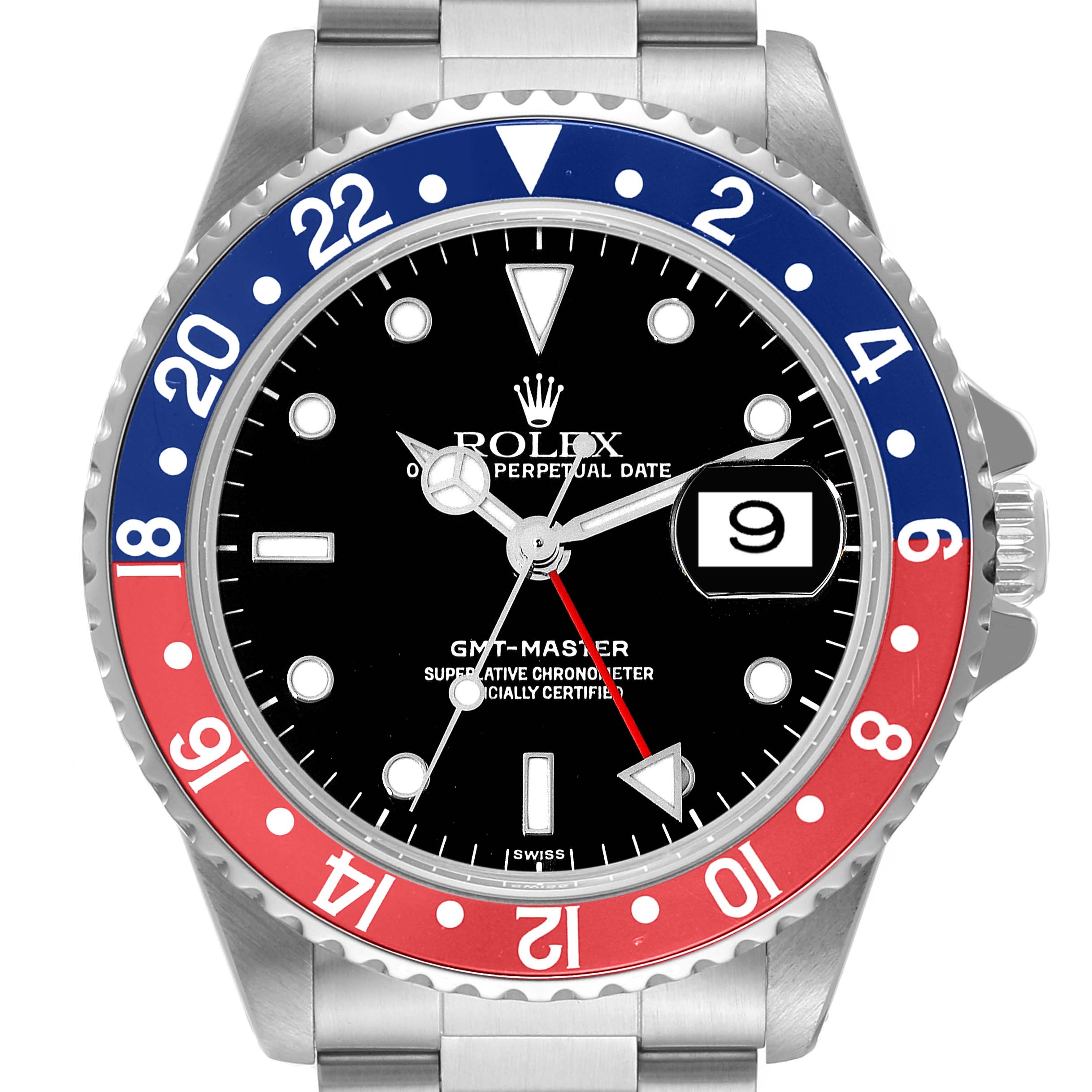 The image shows a frontal view of the Rolex GMT-Master 16700 Men
s Stainless Steel Black Dial 16700 Men
s Stainless Steel Black Dial watch, highlighting the bezel, dial, hands, and bracelet.