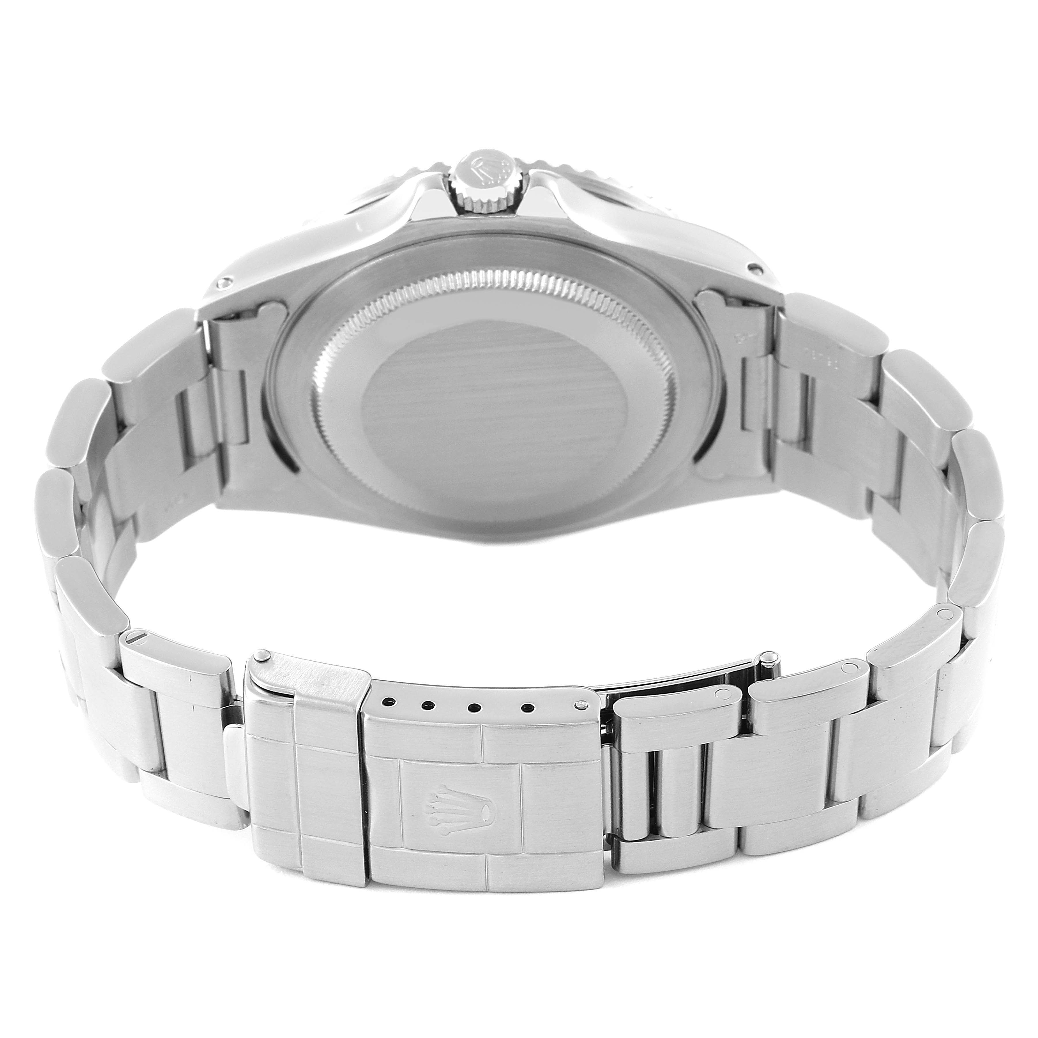 This image shows the back view of the Rolex GMT-Master 16700 Men
s Stainless Steel Black Dial 16700 Men
s Stainless Steel Black Dial watch, displaying the case back, bracelet, and clasp with the Rolex logo.