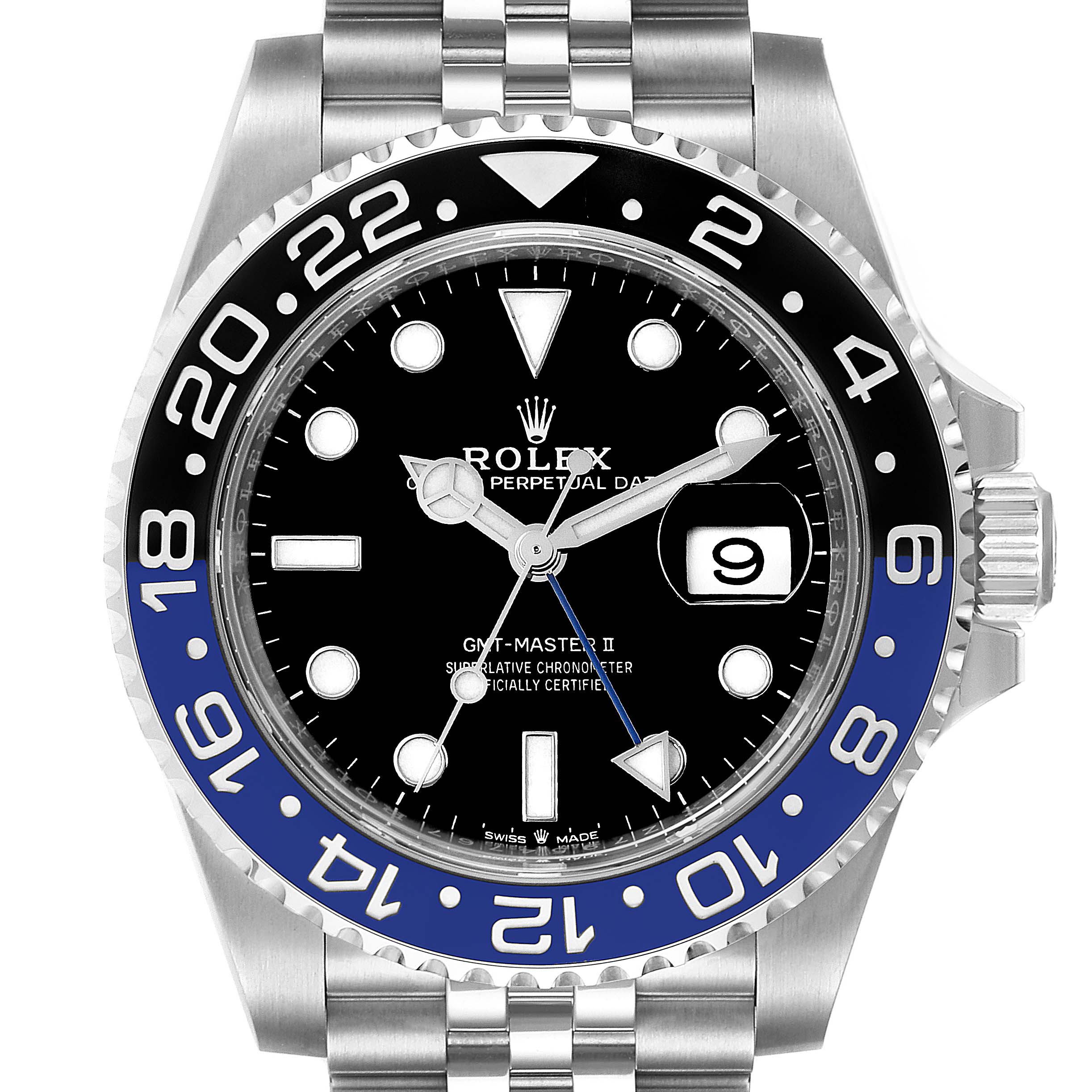 This image shows a frontal view of a Rolex GMT-Master 126710 Men
s Stainless Steel Black Dial 126710 Men
s Stainless Steel Black Dial II watch, highlighting the bezel, dial, and case.